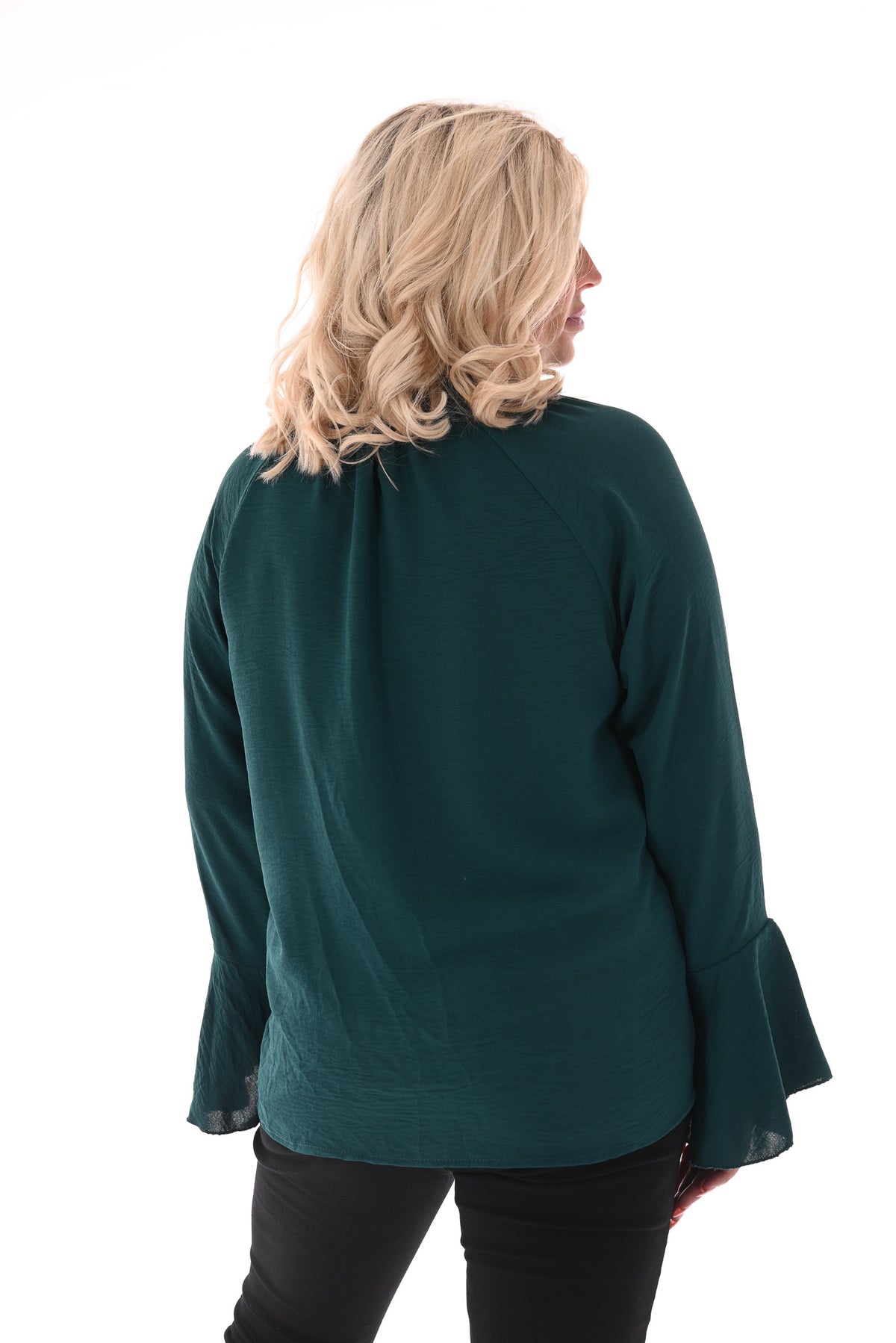 Blouse met roezels en trompetmouwen flessengroen
