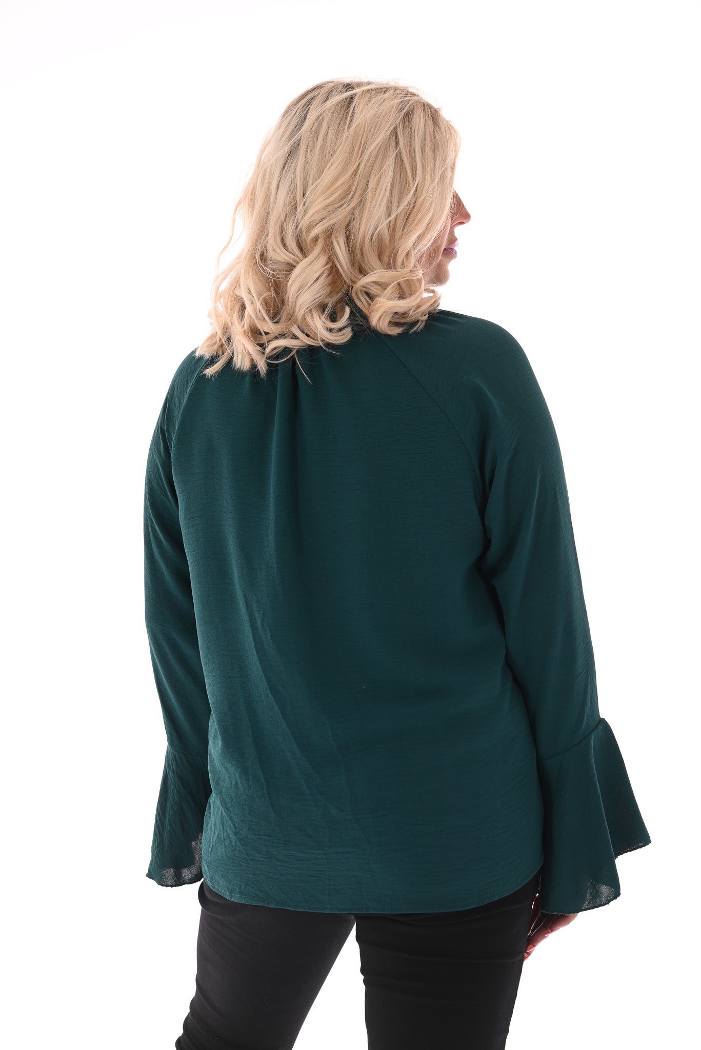 Blouse met roezels en trompetmouwen flessengroen