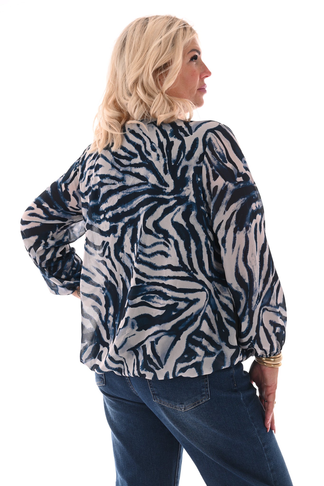 Ballon top lange mouwen print zebra marineblauw