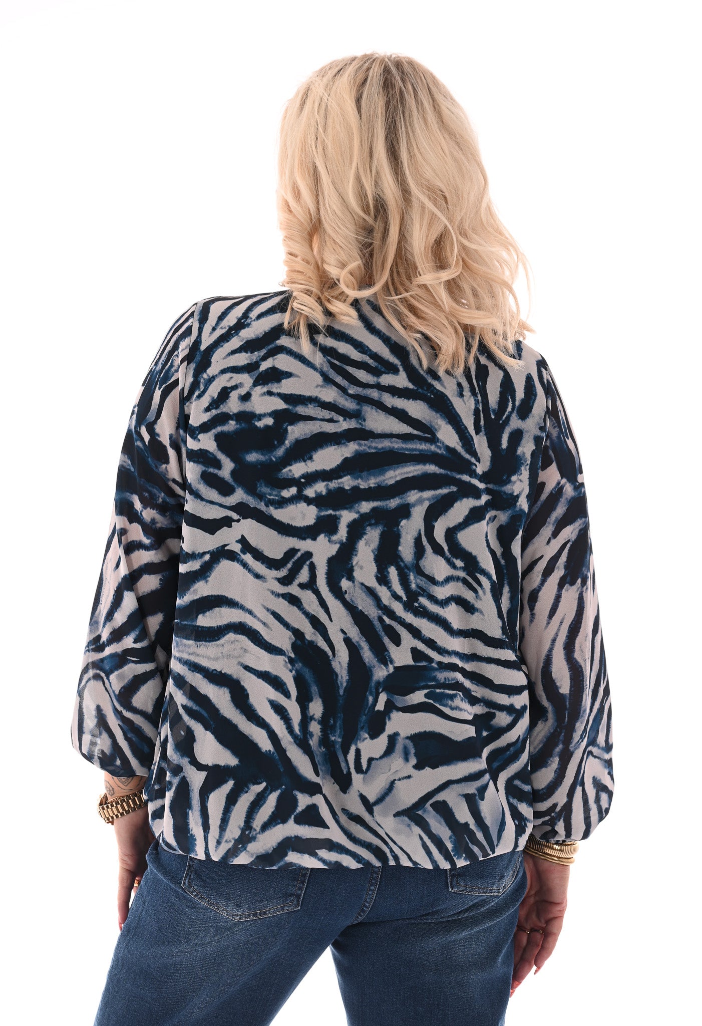 Ballon top lange mouwen print zebra marineblauw