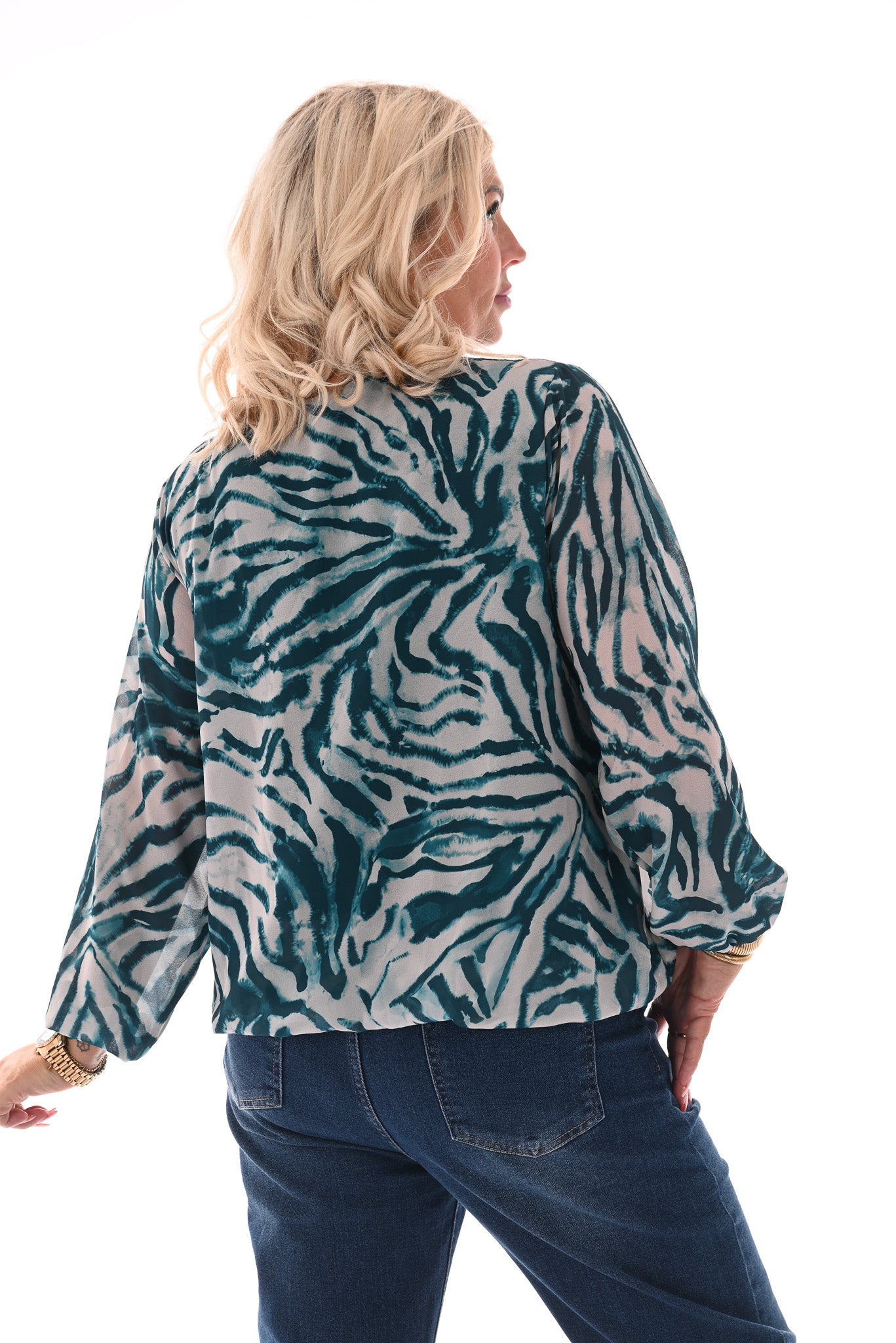 Ballon top lange mouwen print zebra petrol