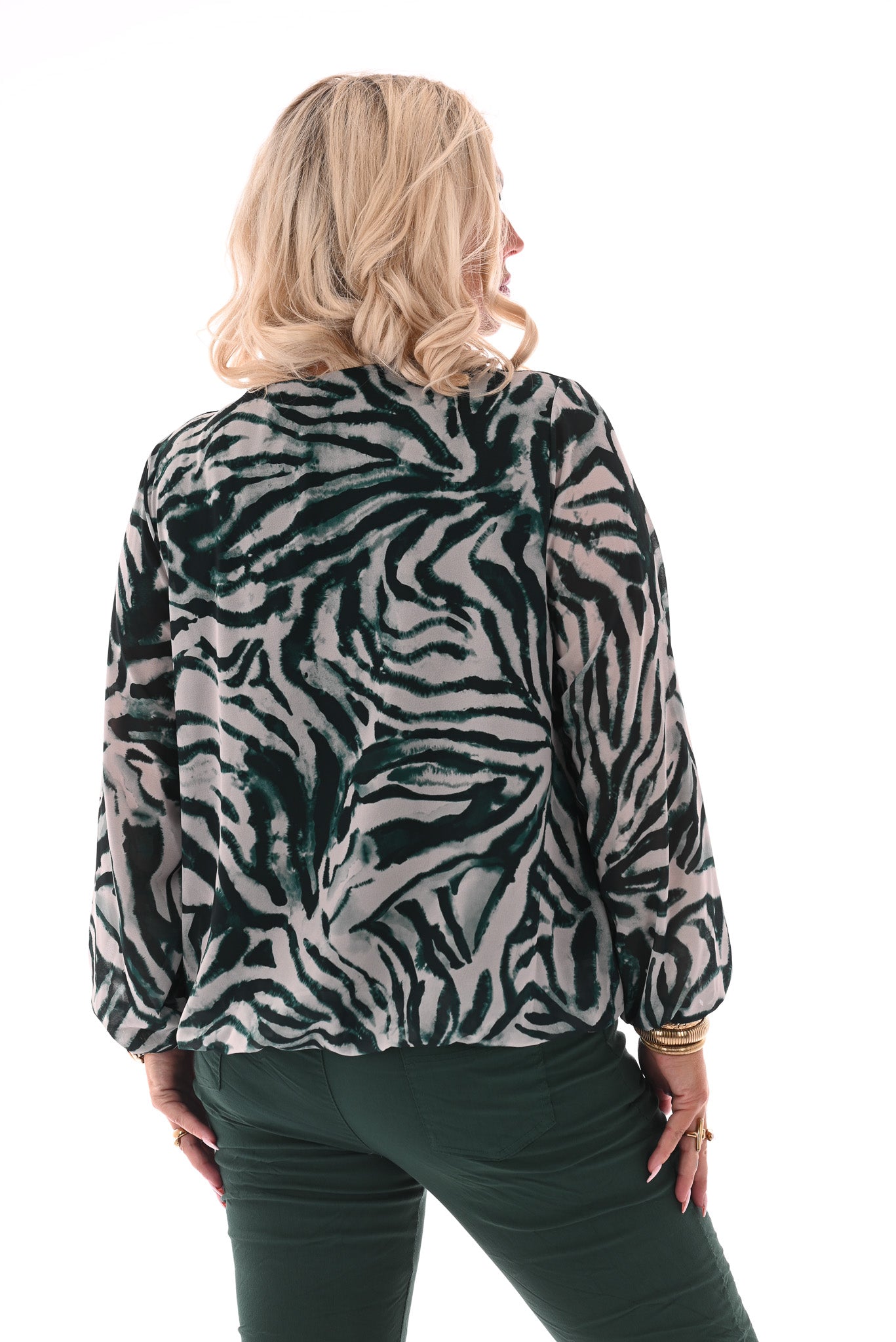 Ballon top lange mouwen print zebra flessengroen