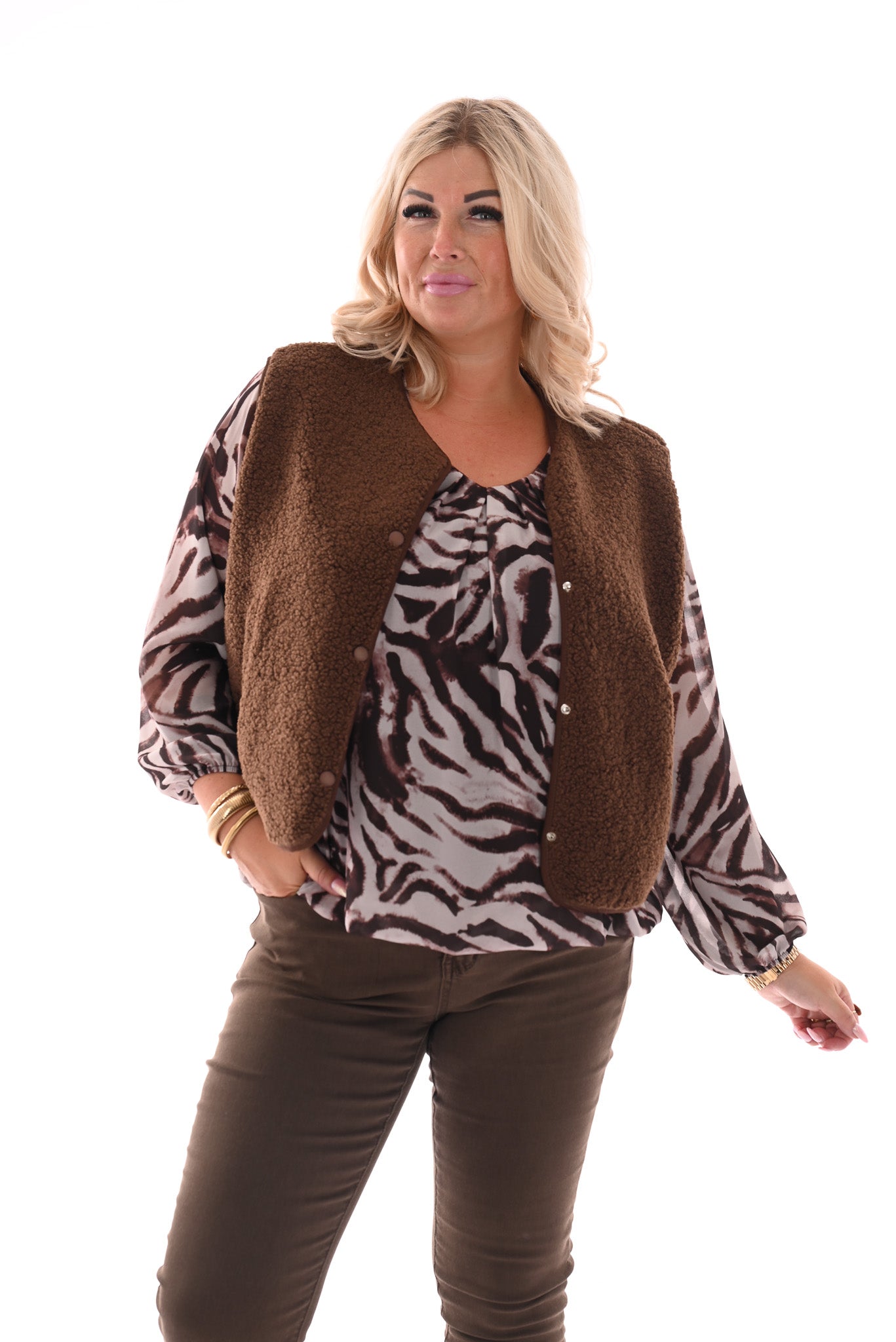 Ballon top lange mouwen print zebra bruin