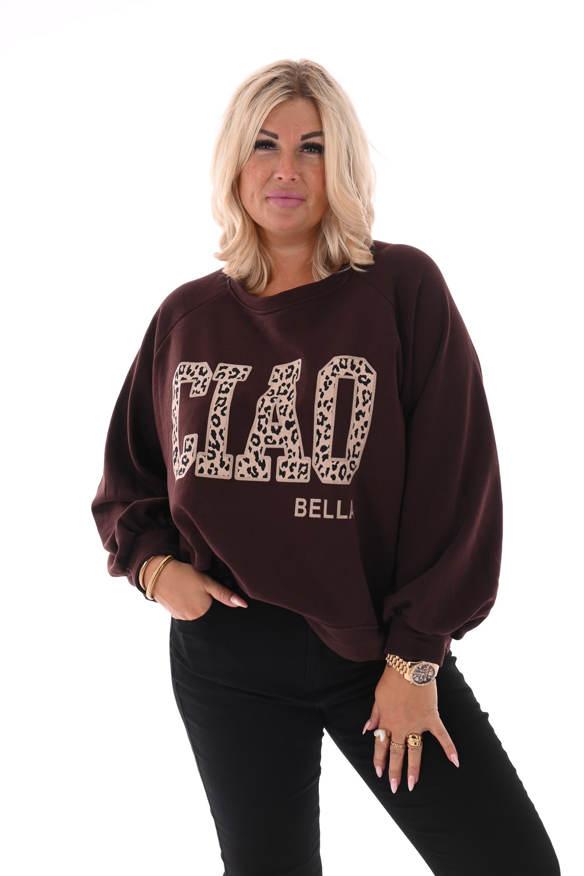 Sweater Ciao Bella panterprint donkerbruin