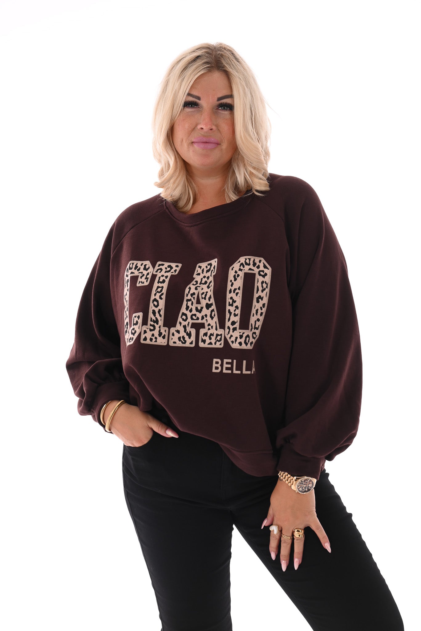 Sweater Ciao Bella panterprint donkerbruin
