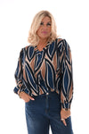 Top v-hals met print blad marineblauw