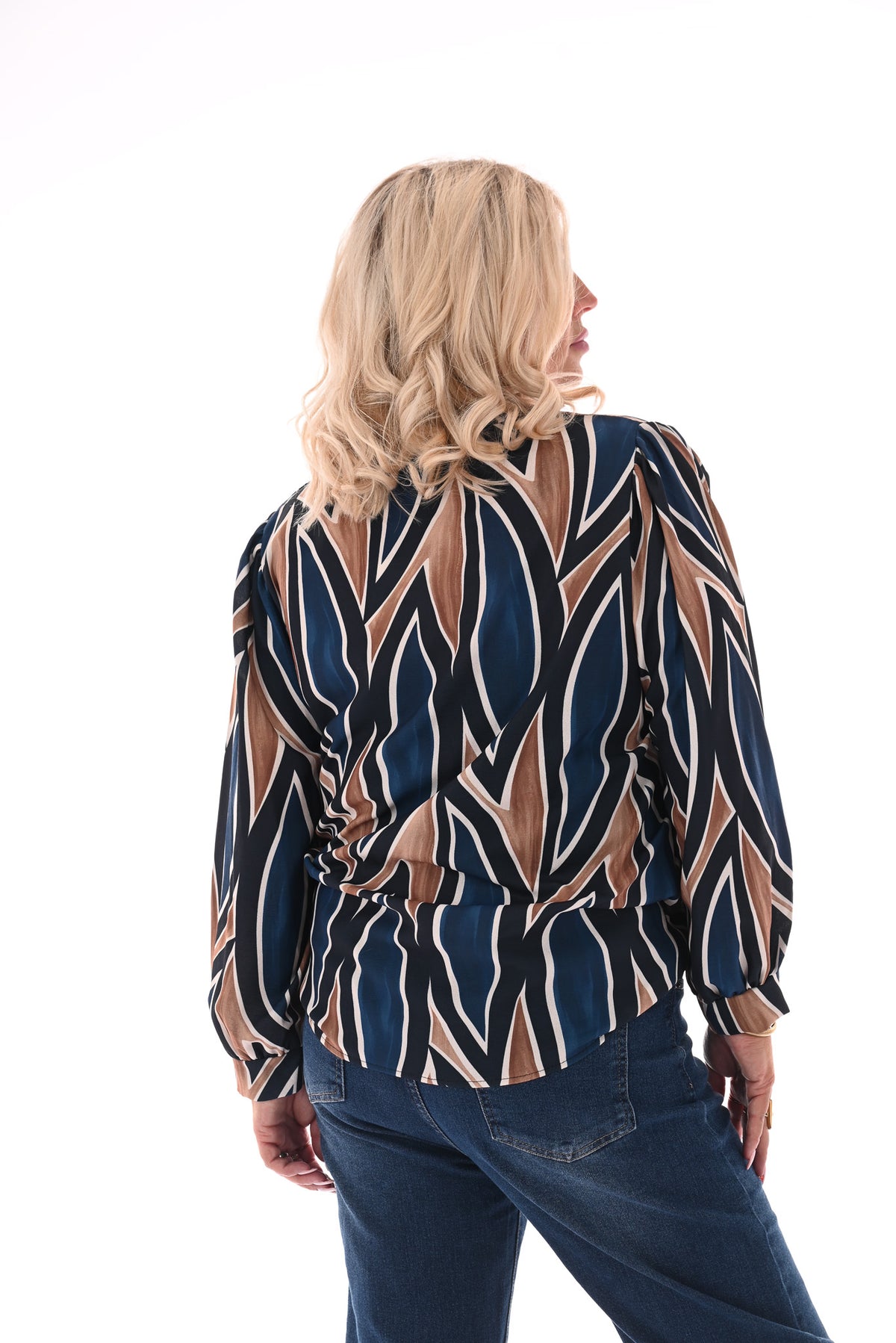 Top v-hals met print blad marineblauw