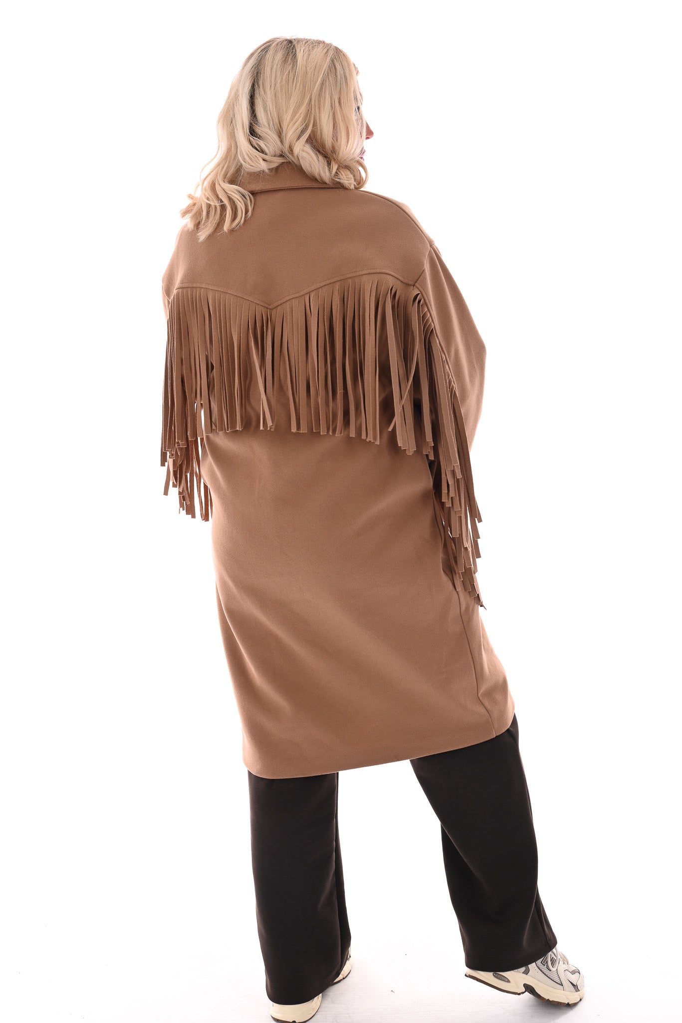 Manteljas met franjes en knopen camel