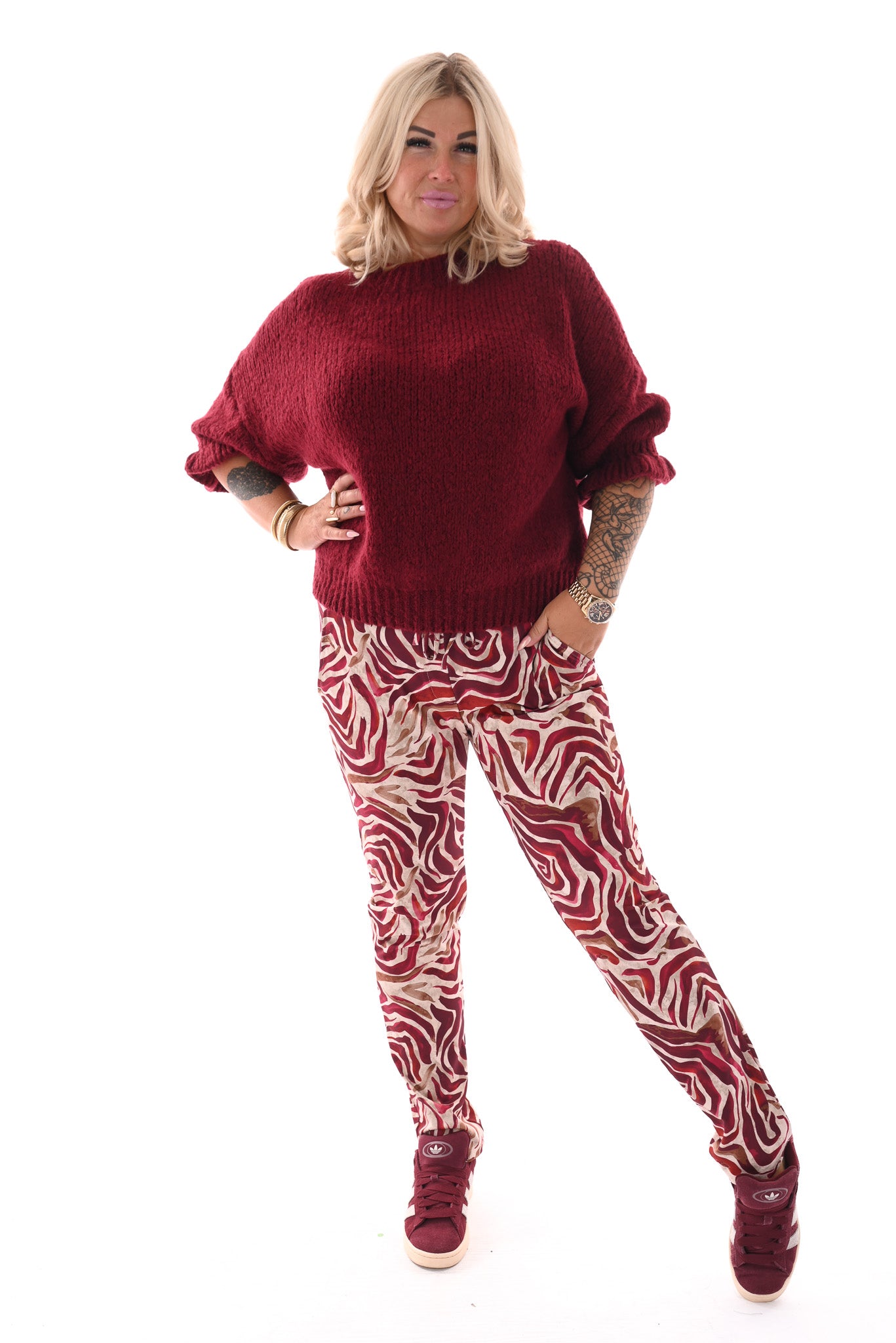 Broek print strepen bordeaux