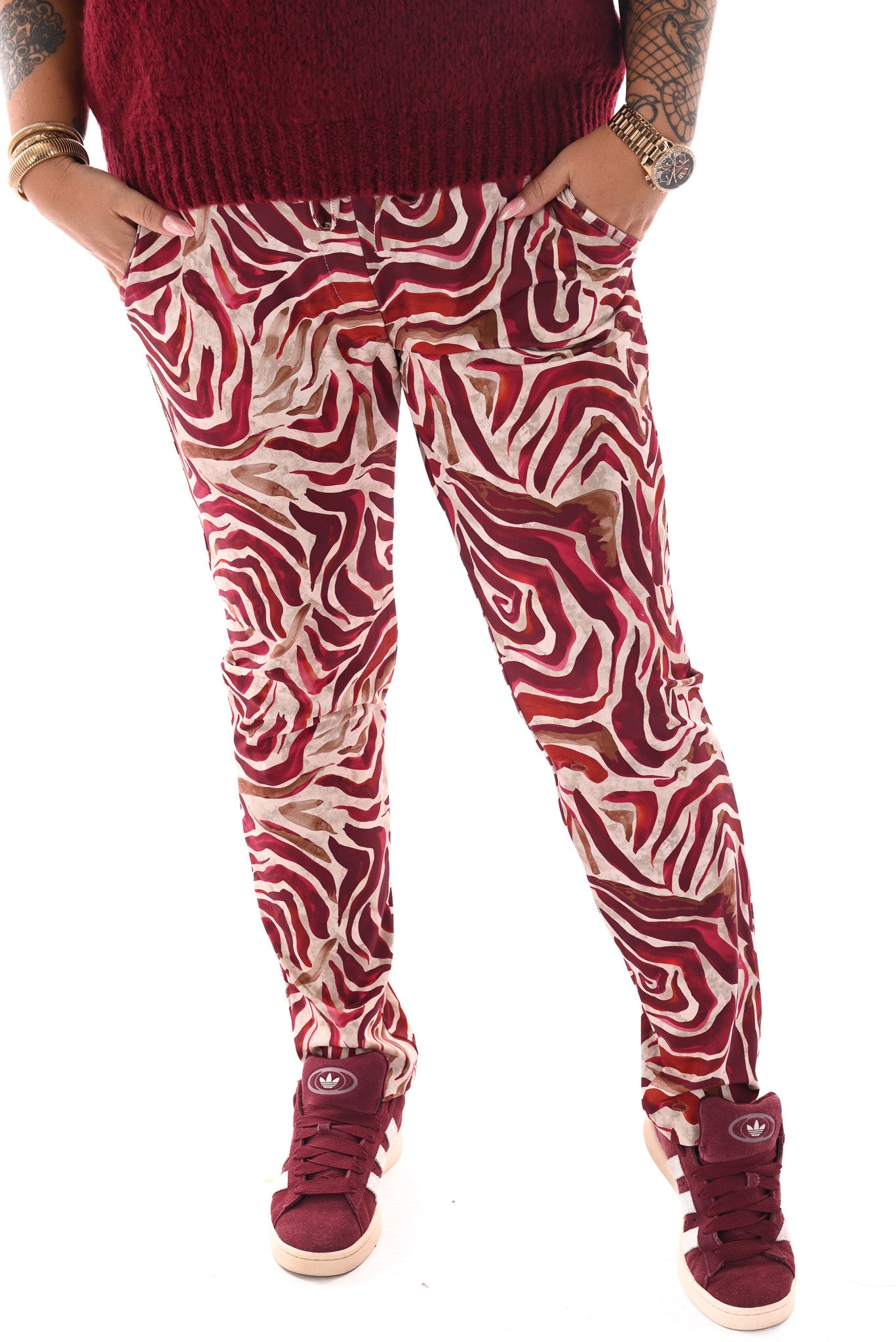 Broek print strepen bordeaux
