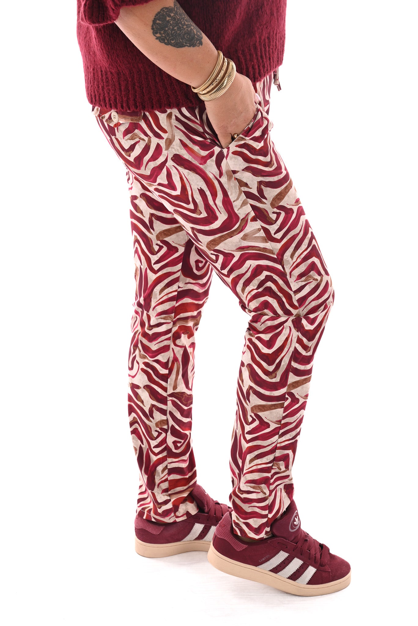 Broek print strepen bordeaux