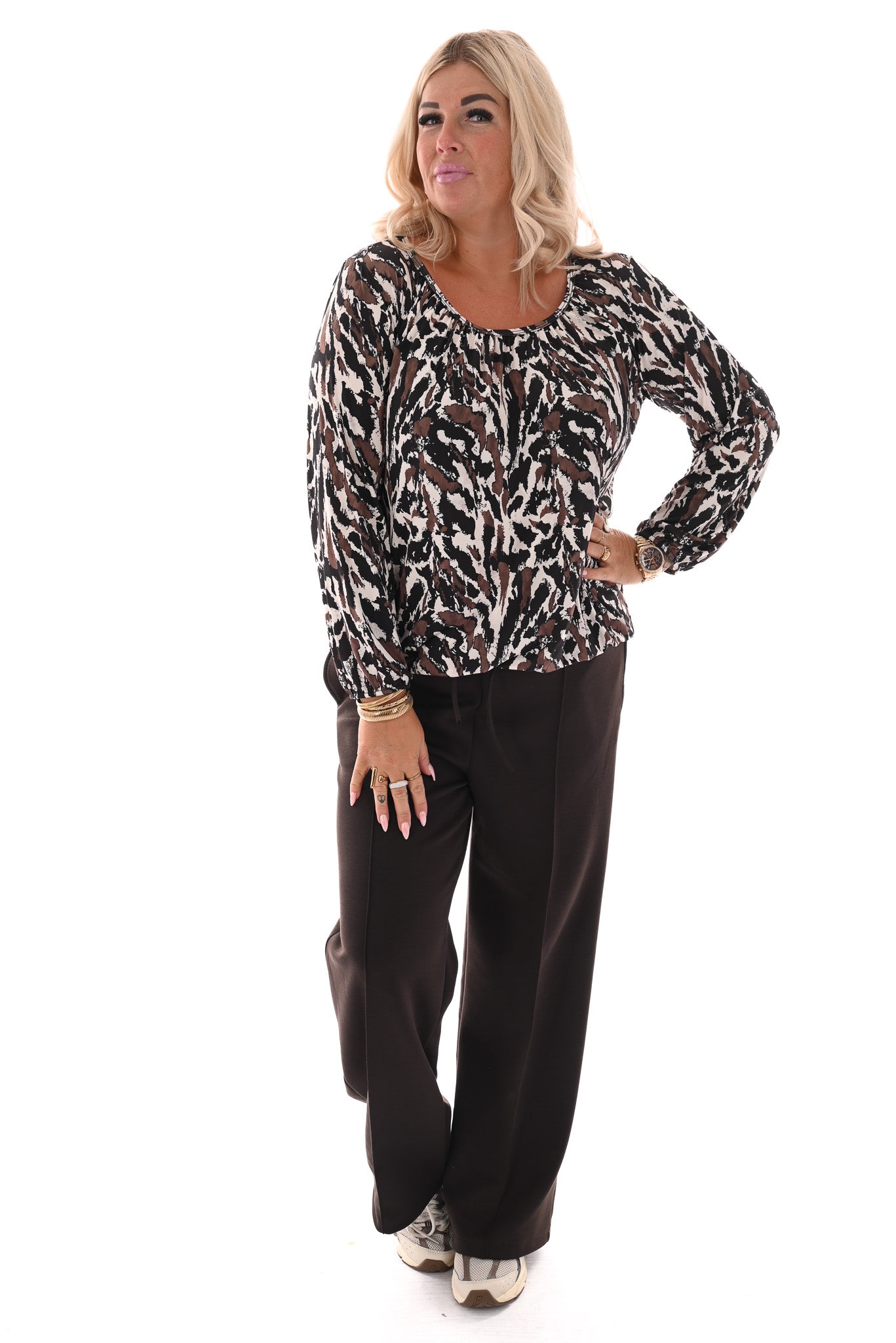 Basic top lange mouwen print vlekken zwart