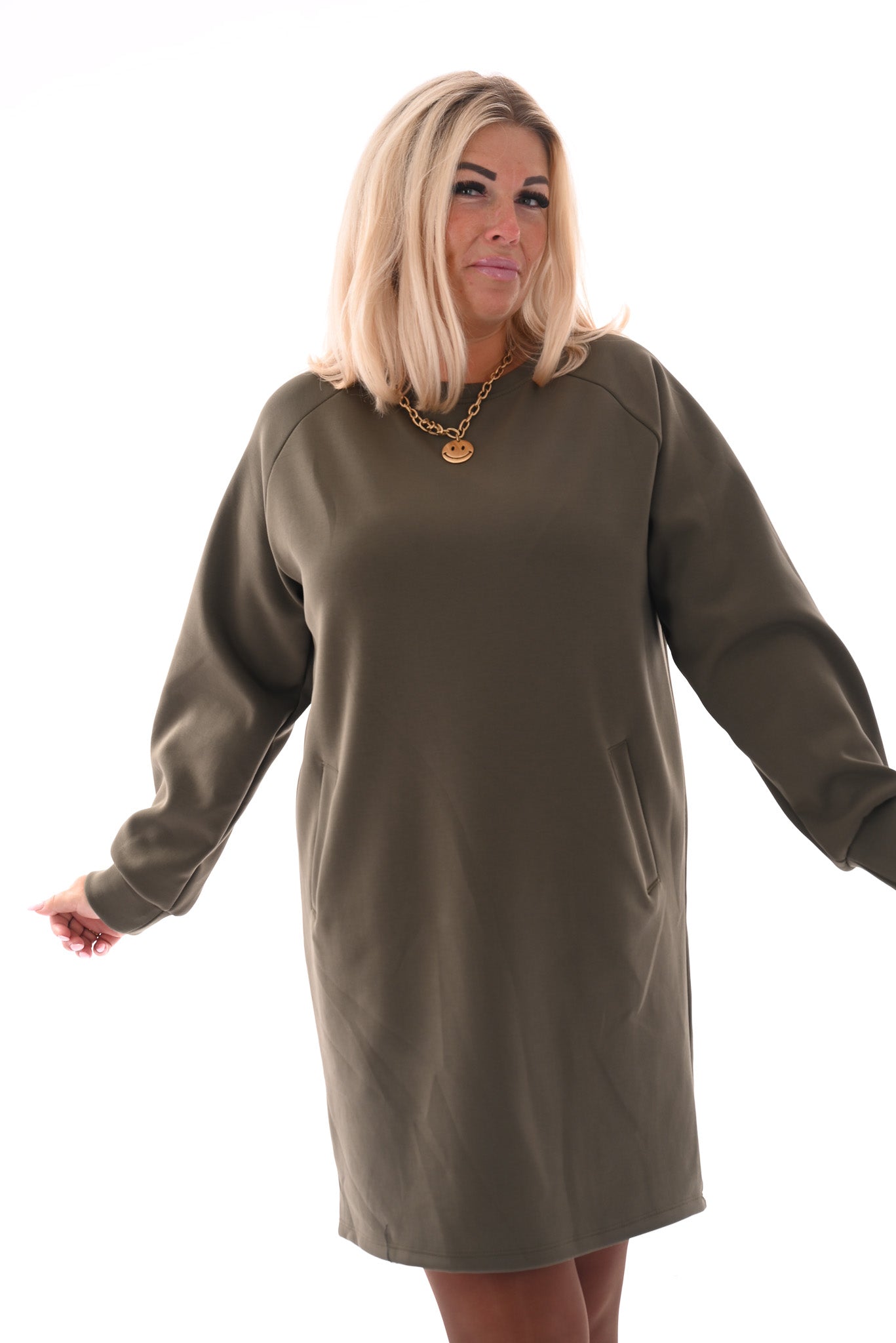 Sweaterdress deluxe met zakken legergroen