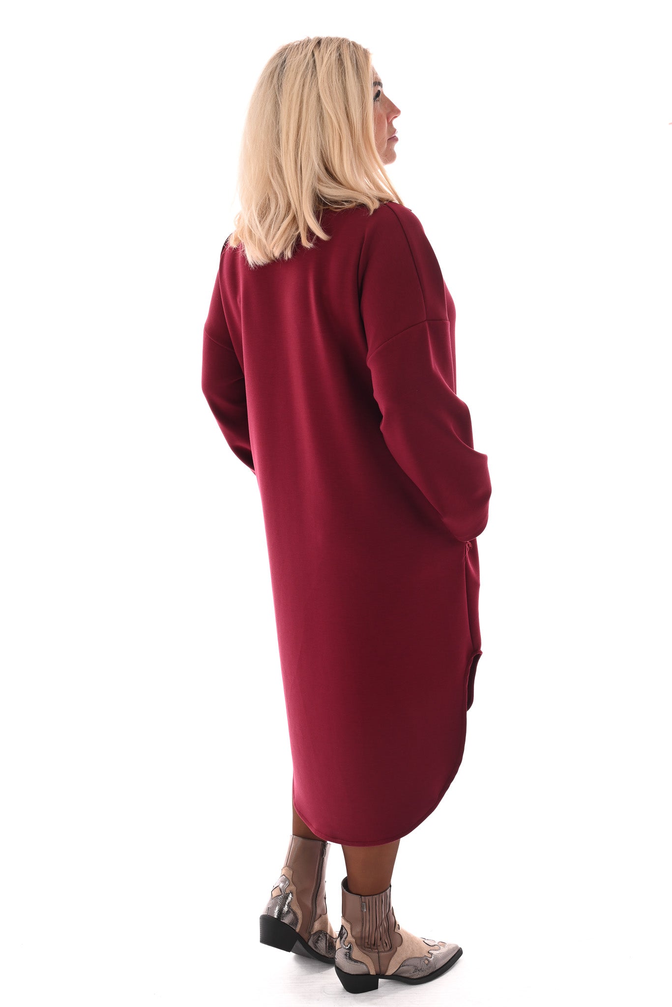 Half lange jurk v-hals en zakken bordeaux