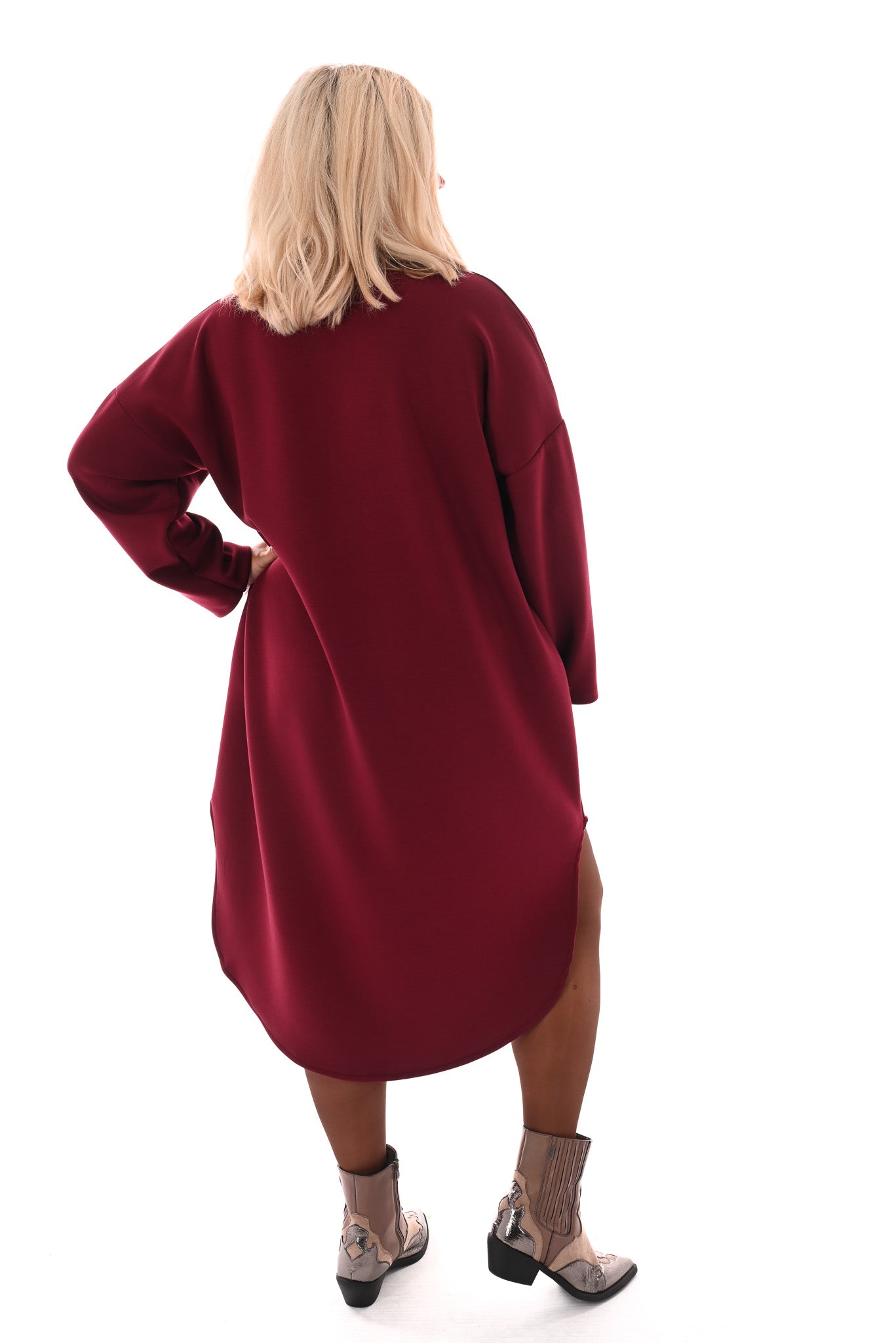 Half lange jurk v-hals en zakken bordeaux
