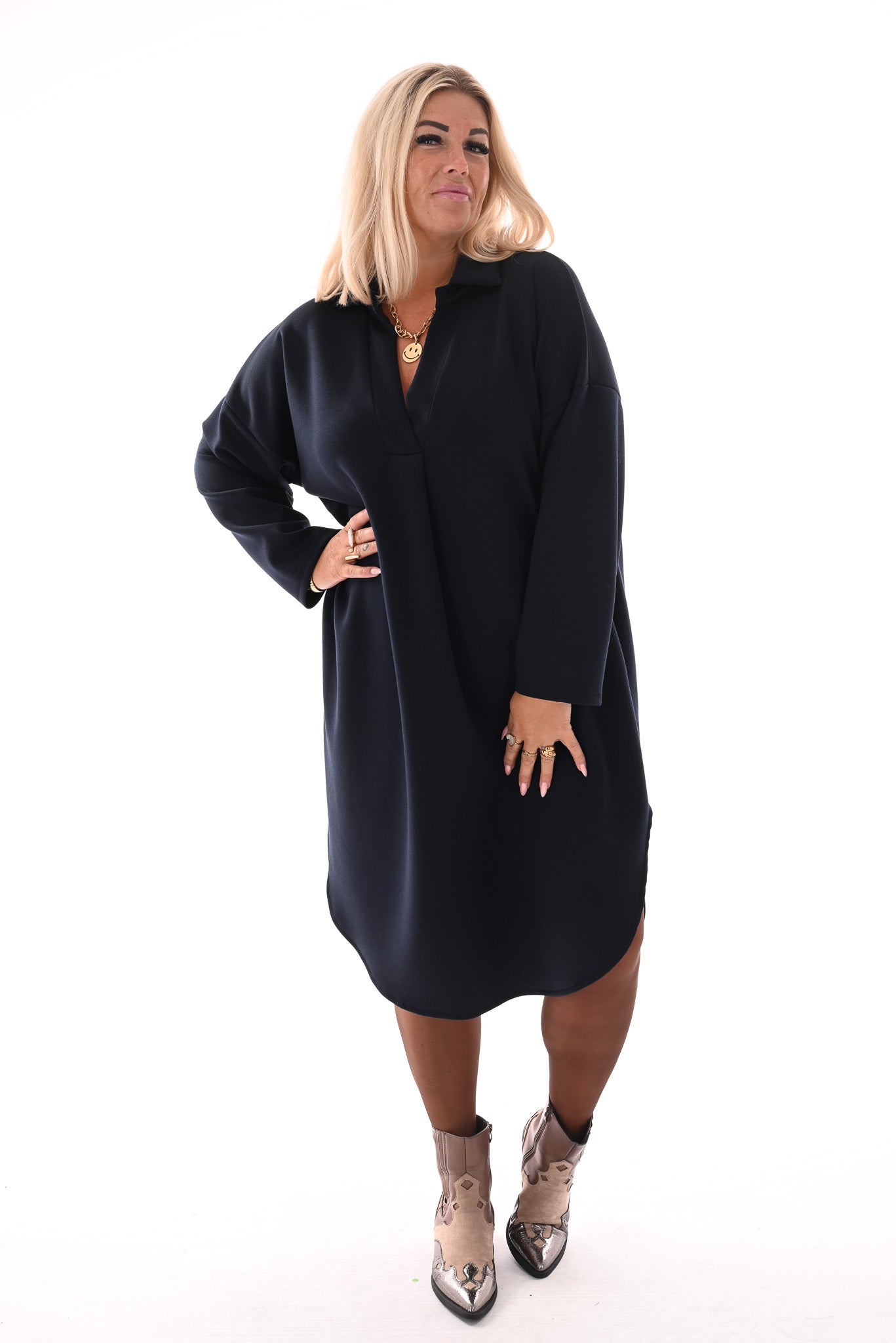Half lange jurk v-hals en zakken marineblauw