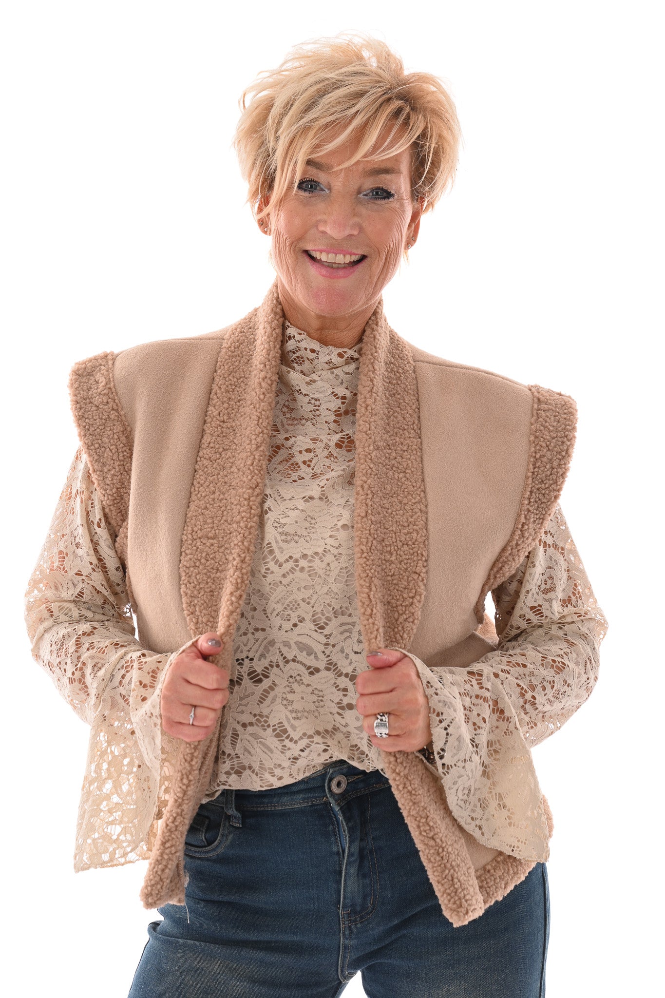 Gilet suede en teddy camel