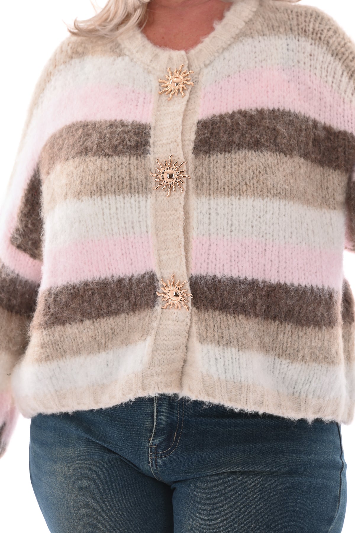 Gestreept vest met brocheknopen beige/roze