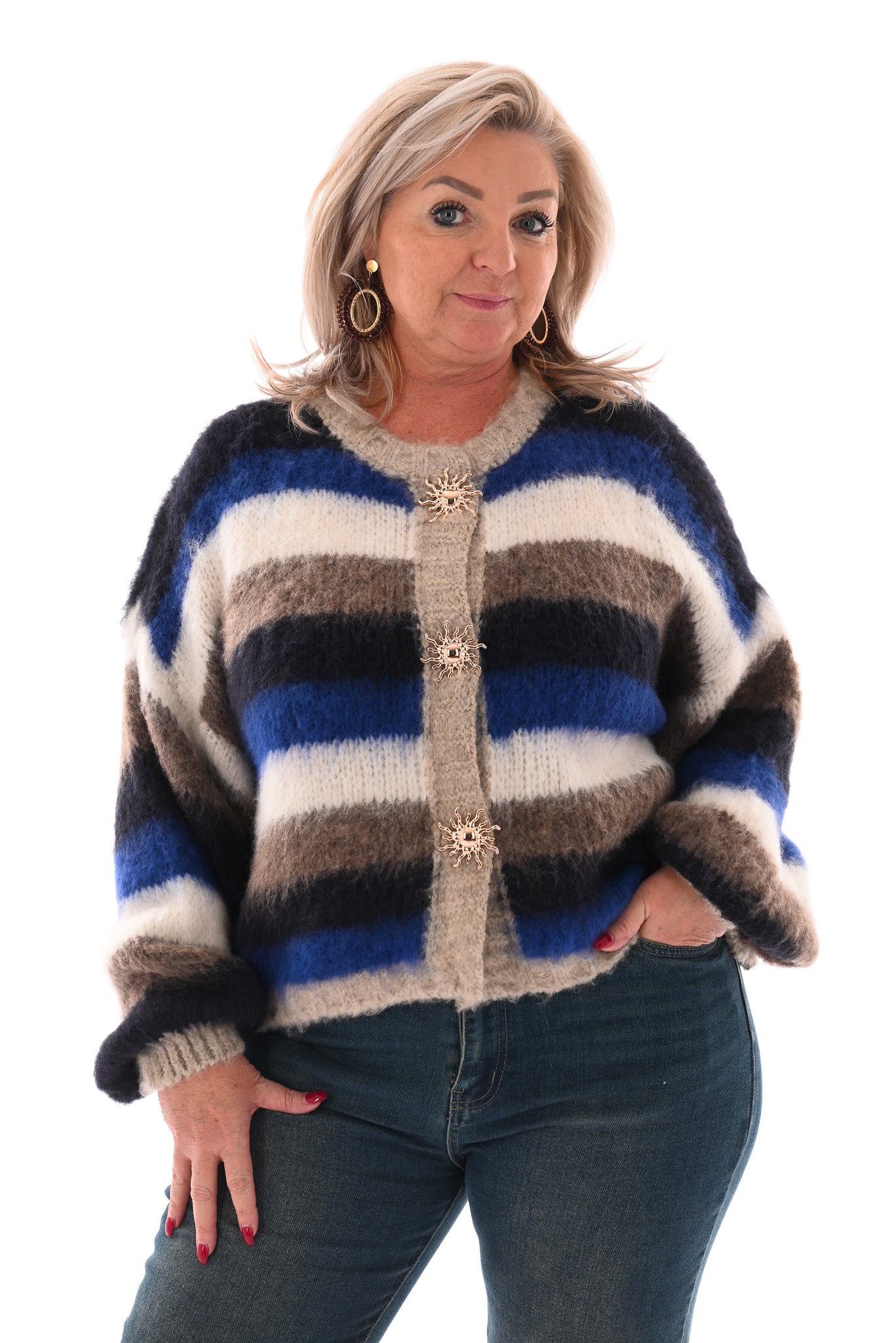 Gestreept vest met brocheknopen marineblauw/bruin