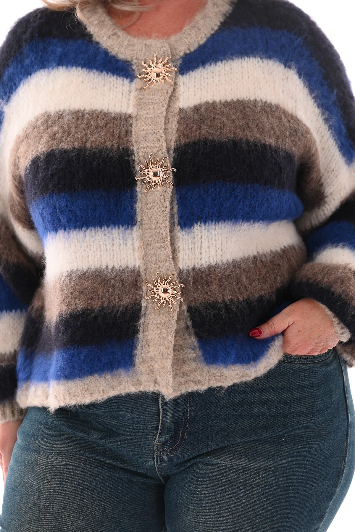 Gestreept vest met brocheknopen marineblauw/bruin