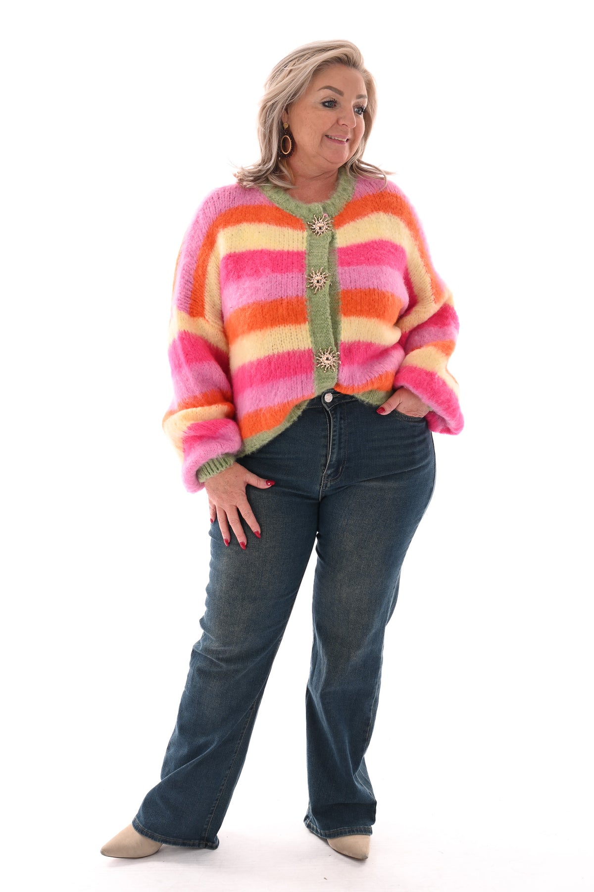 Gestreept vest met brocheknopen roze/oranje
