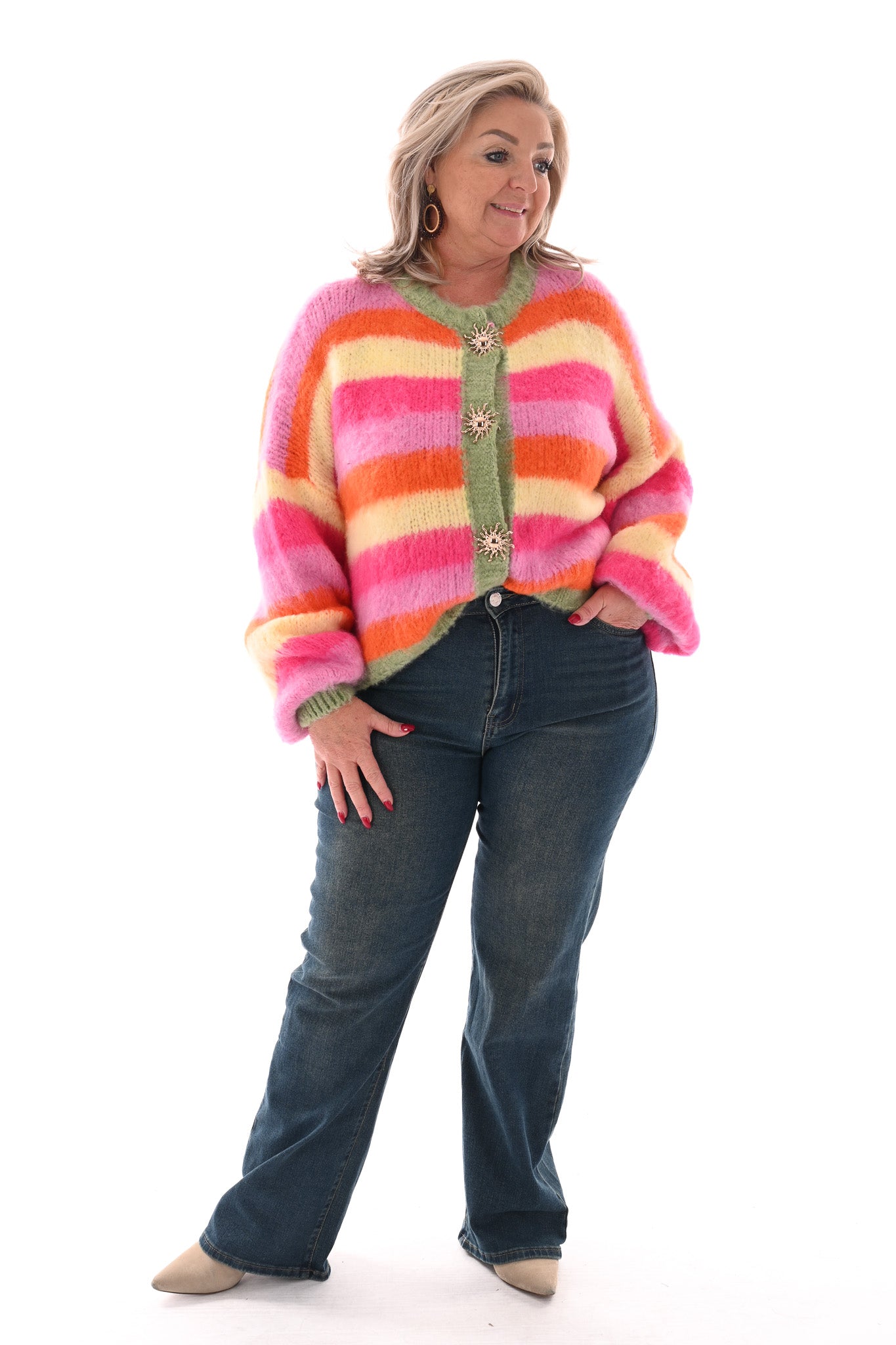 Gestreept vest met brocheknopen roze/oranje