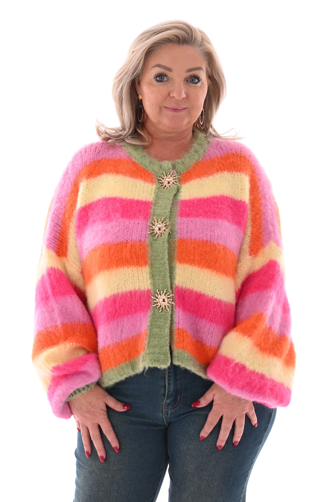 Gestreept vest met brocheknopen roze/oranje