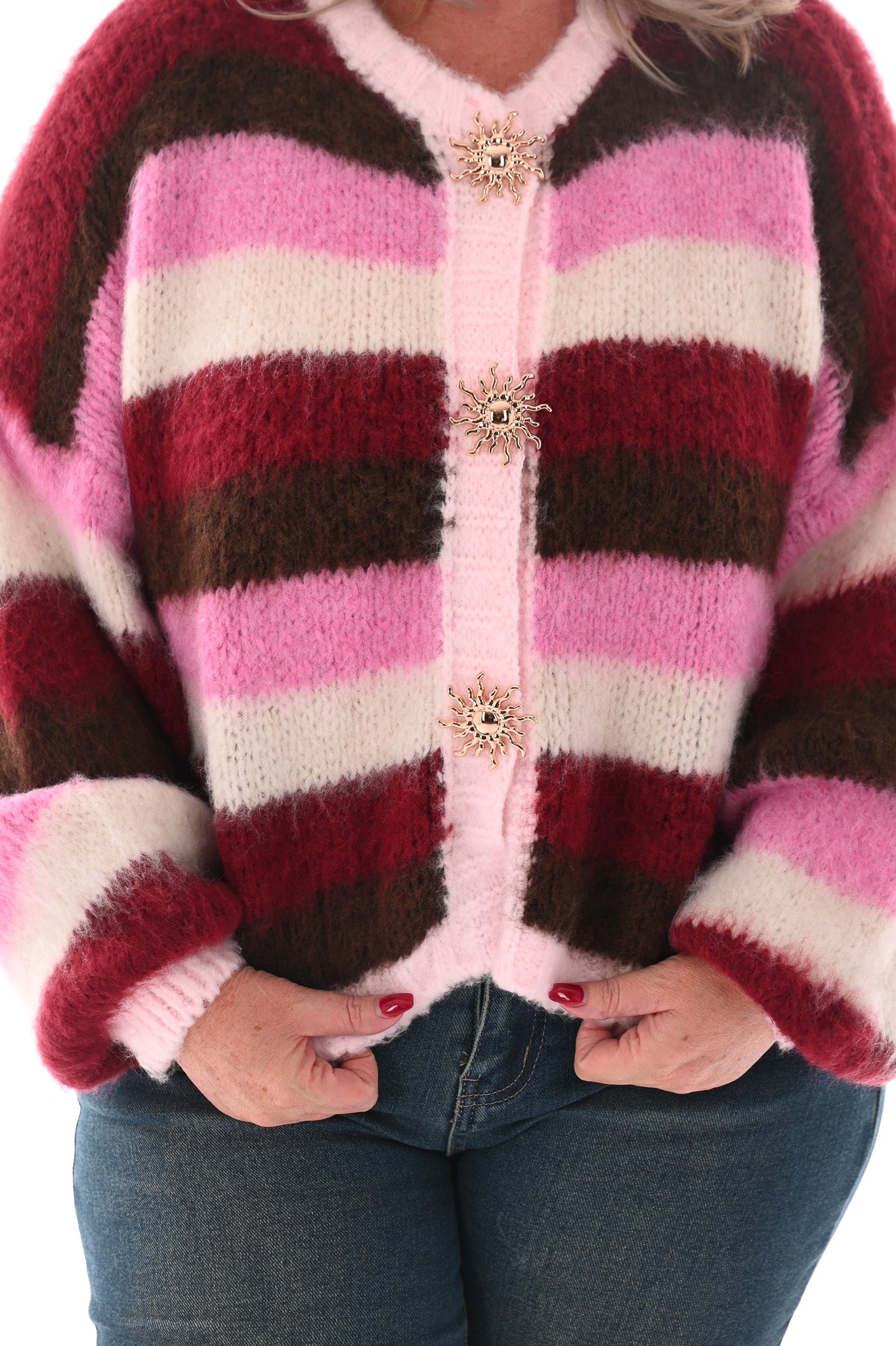 Gestreept vest met brocheknopen bordeaux/roze