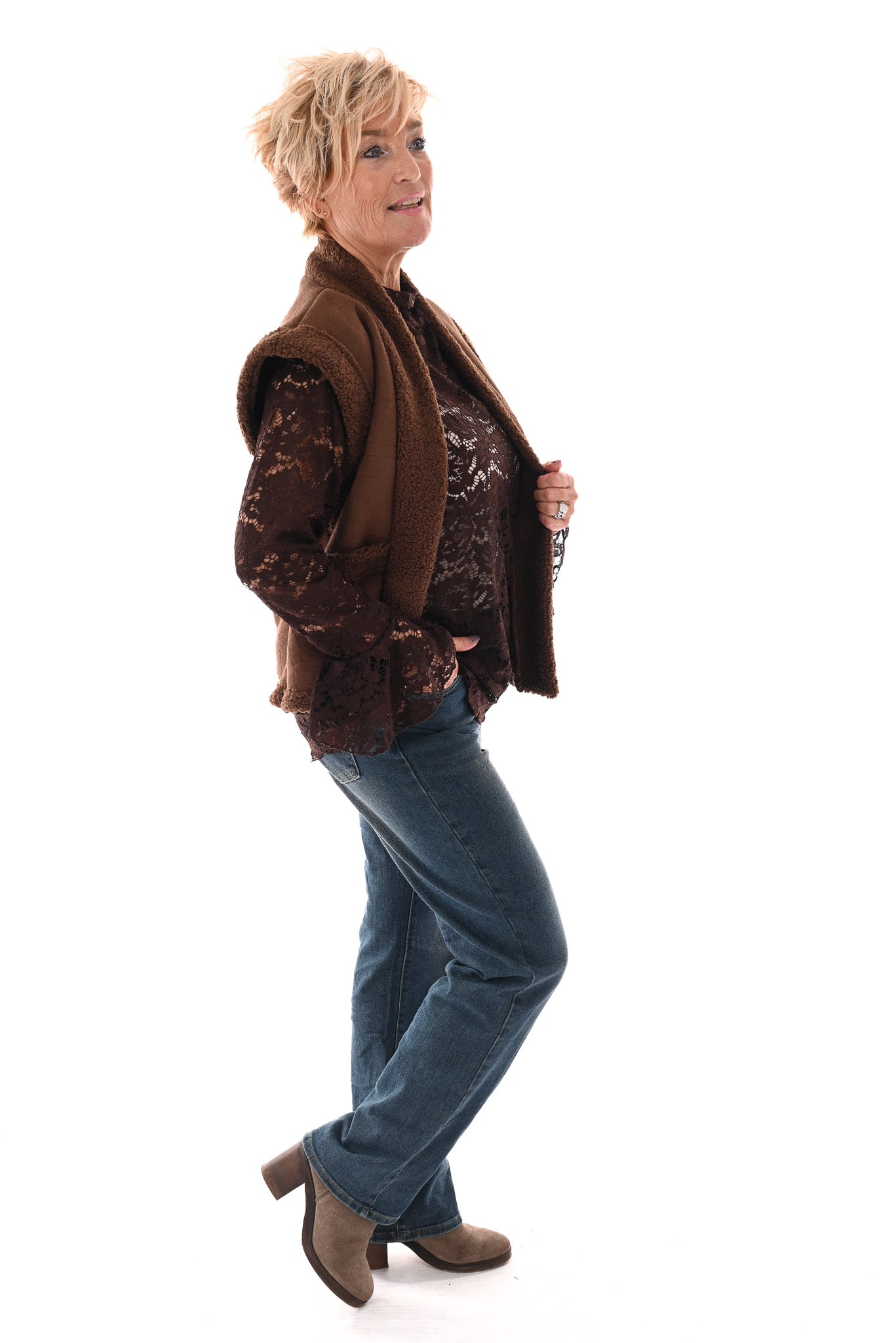 Gilet suede en teddy bruin