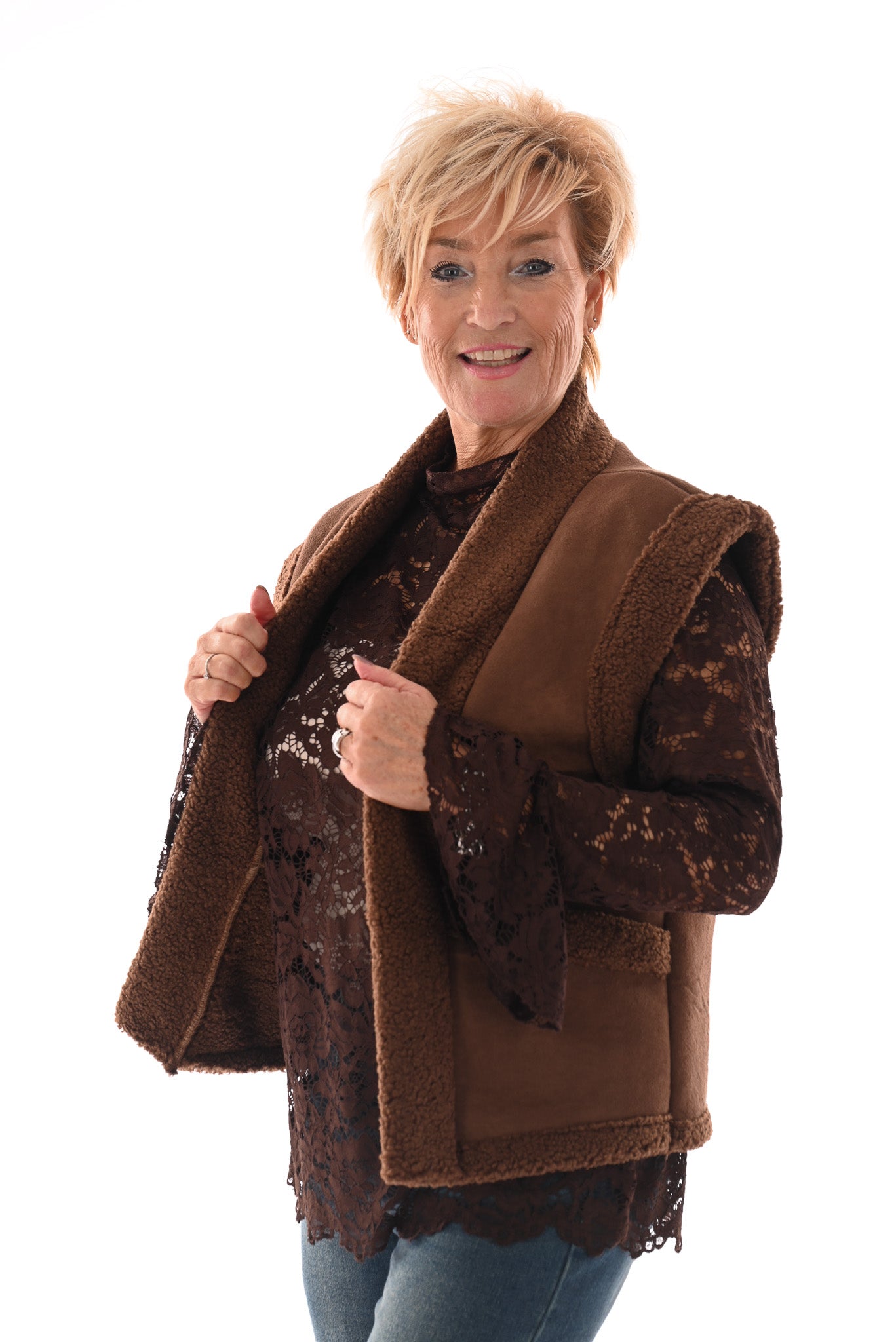 Gilet suede en teddy bruin