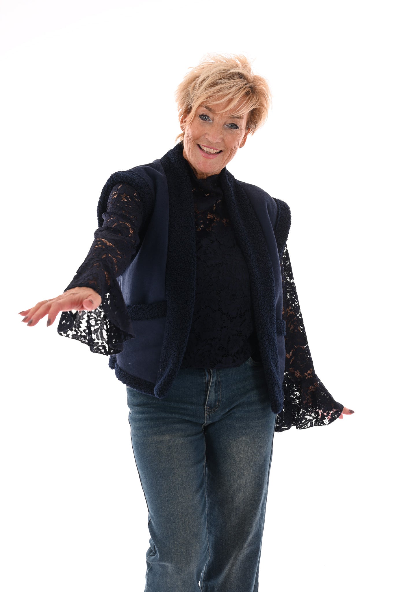 Gilet suede en teddy marineblauw