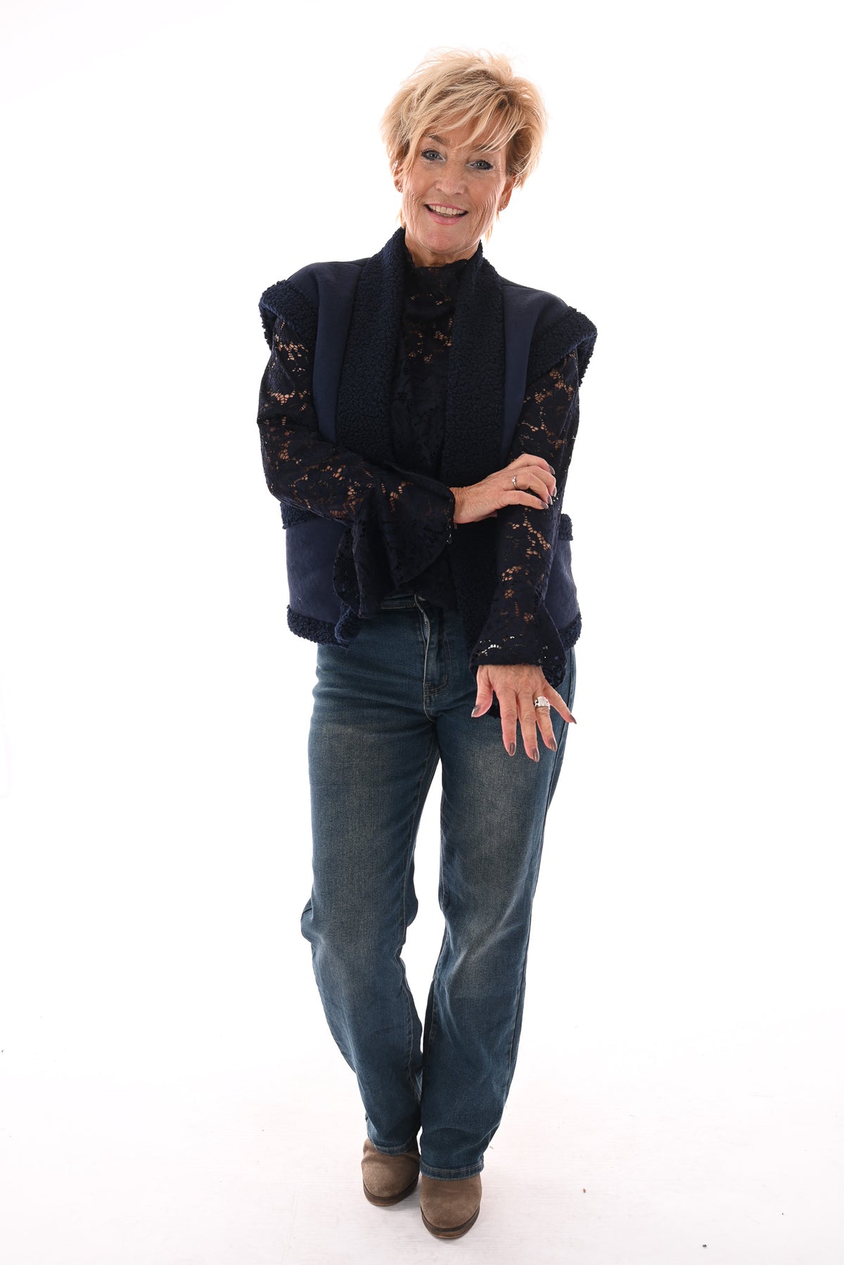 Gilet suede en teddy marineblauw