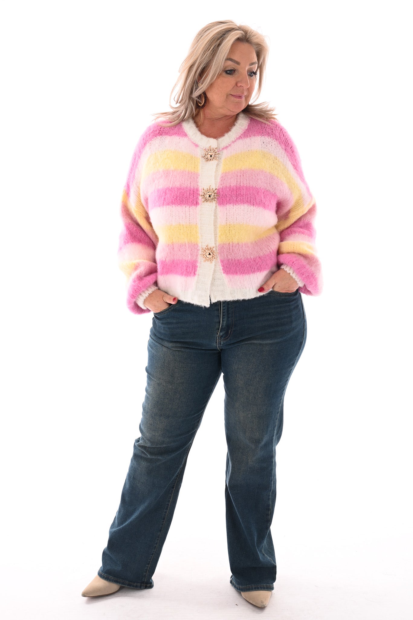 Gestreept vest met brocheknopen lichtgeel/roze