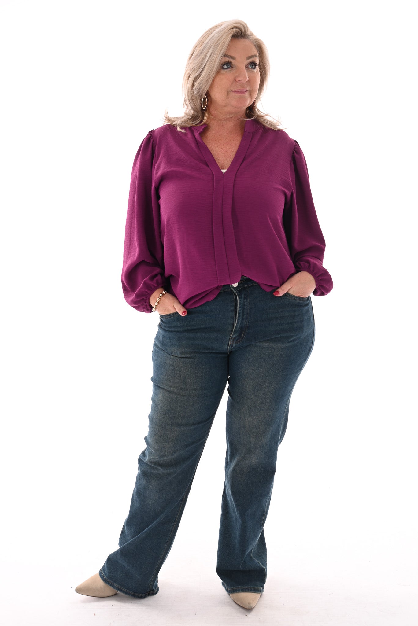 Top lange mouwen v-hals uni magenta