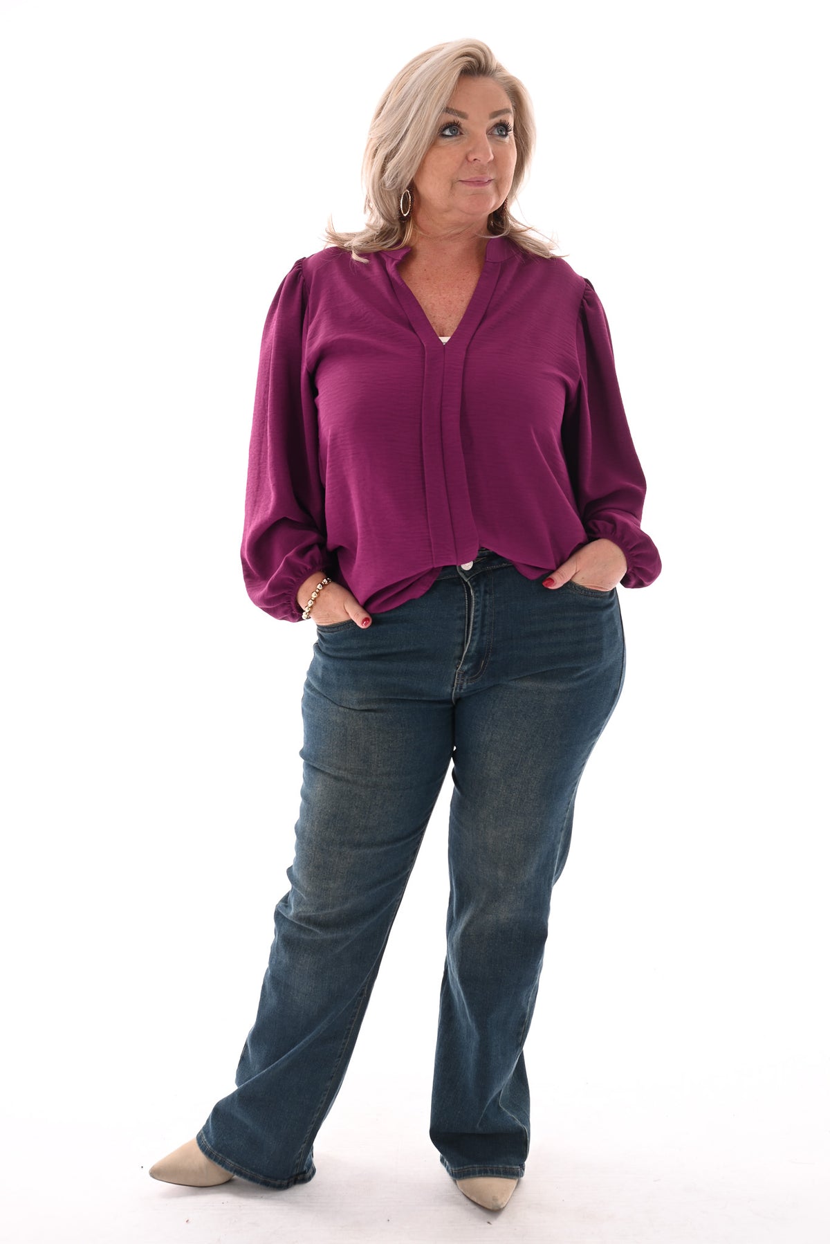Top lange mouwen v-hals uni magenta