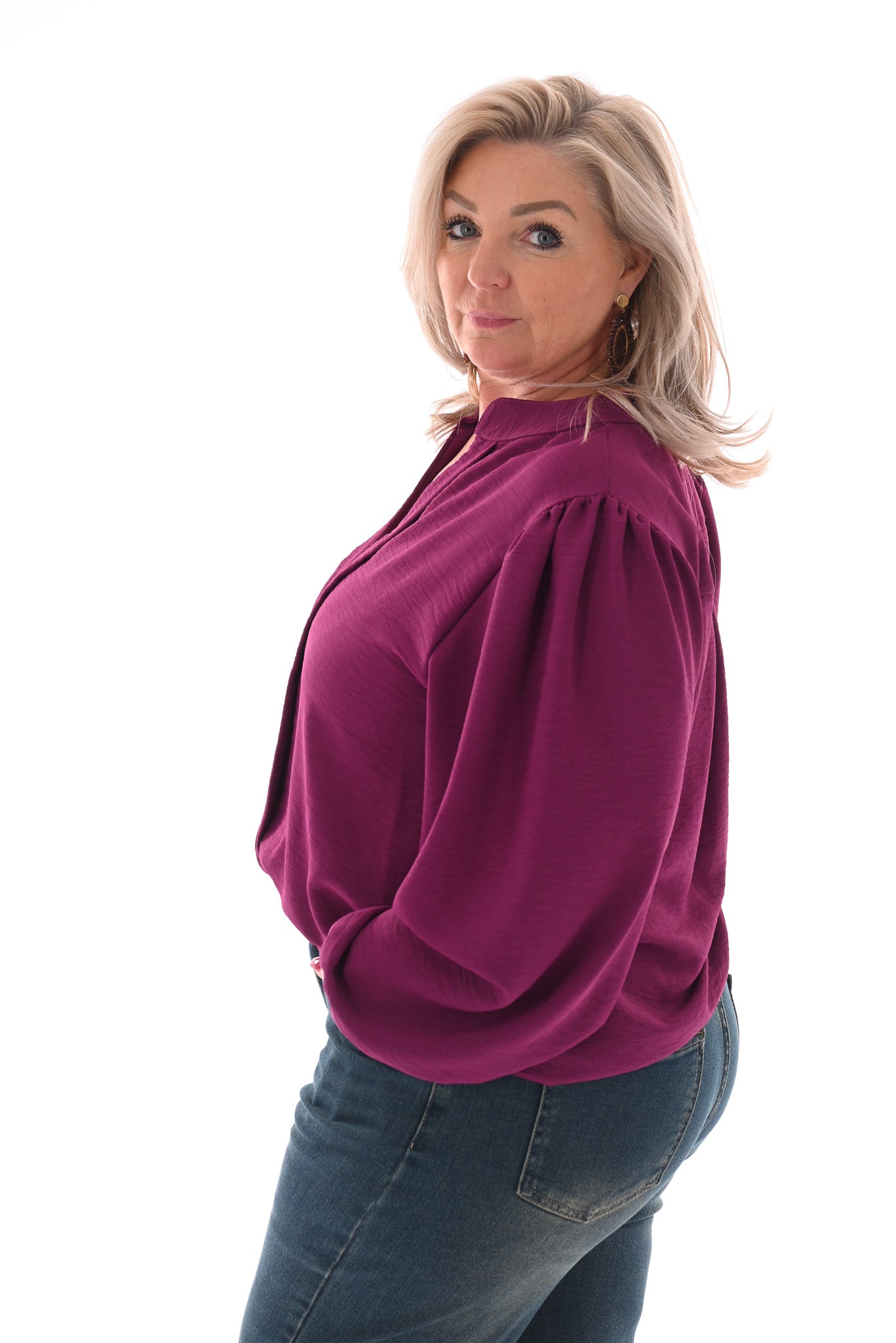 Top lange mouwen v-hals uni magenta