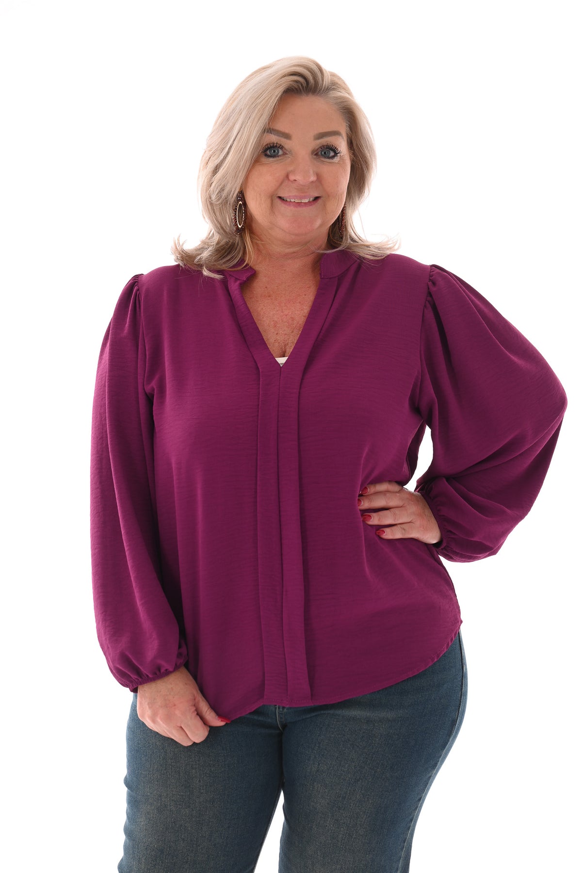 Top lange mouwen v-hals uni magenta