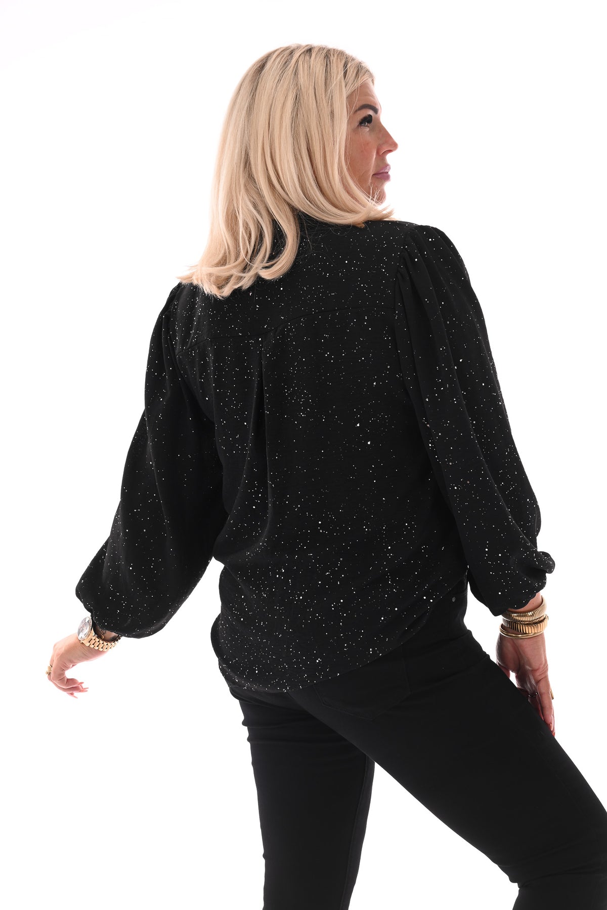 Top lange mouwen v-hals glitter zwart