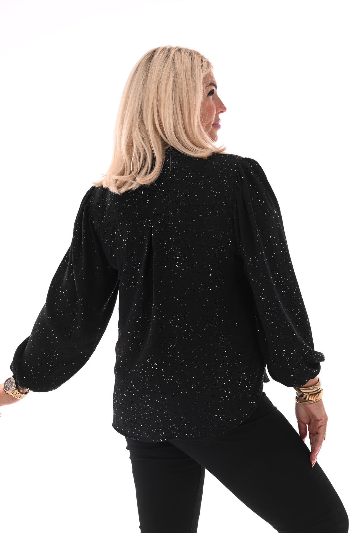 Top lange mouwen v-hals glitter zwart