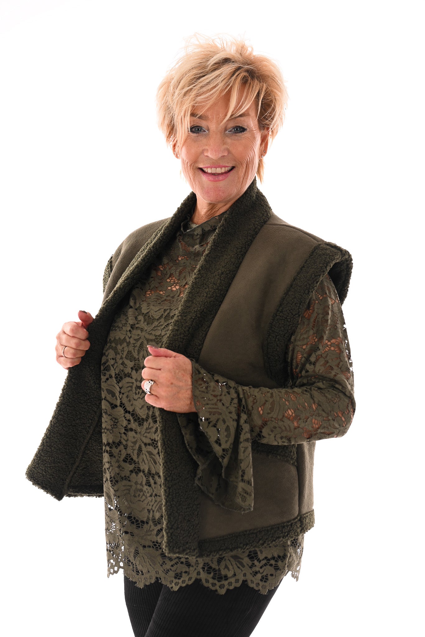Gilet suede en teddy olijfgroen