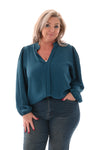 Top lange mouwen v-hals uni petrol