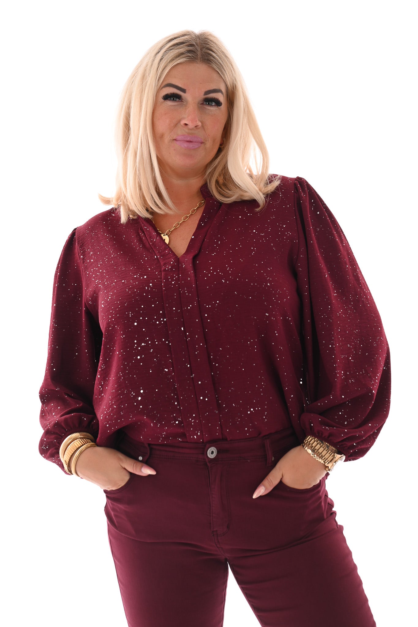 Top lange mouwen v-hals glitter bordeaux