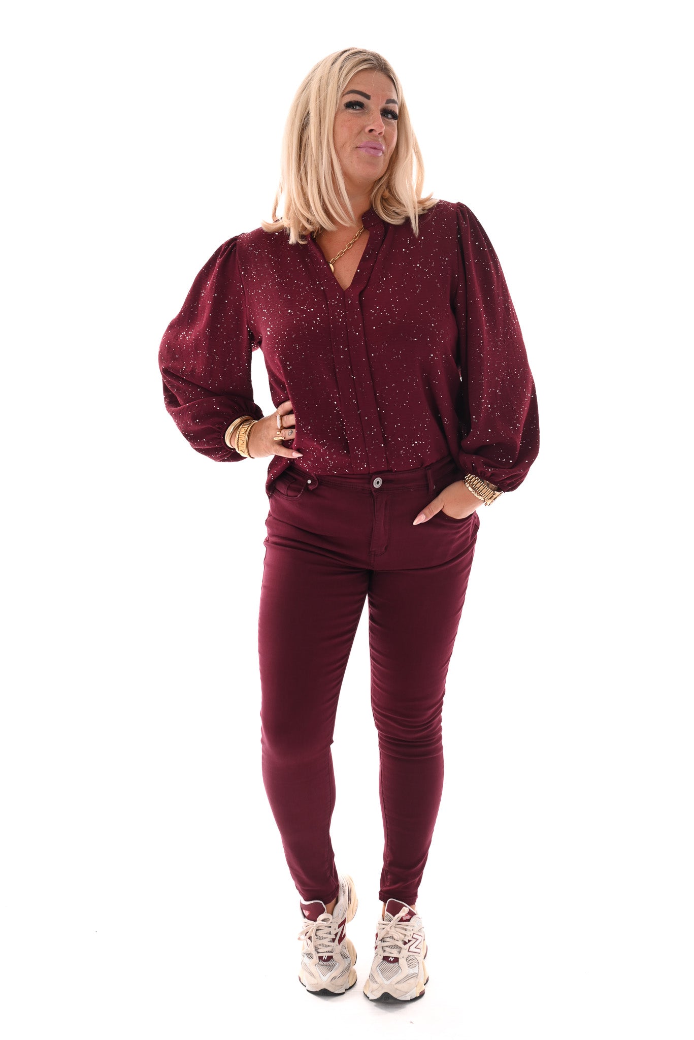 Top lange mouwen v-hals glitter bordeaux