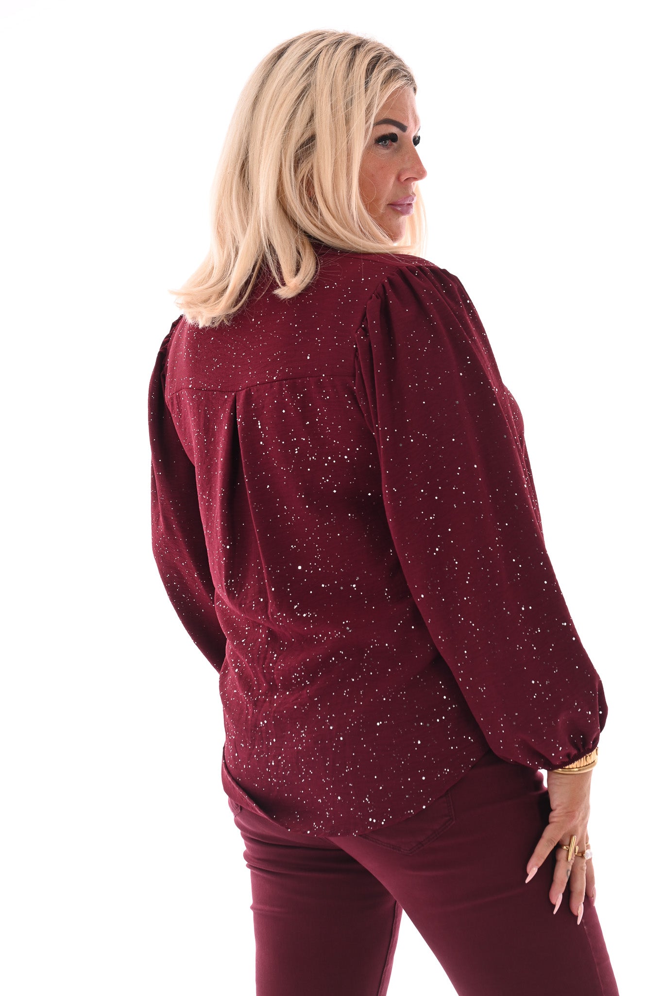 Top lange mouwen v-hals glitter bordeaux