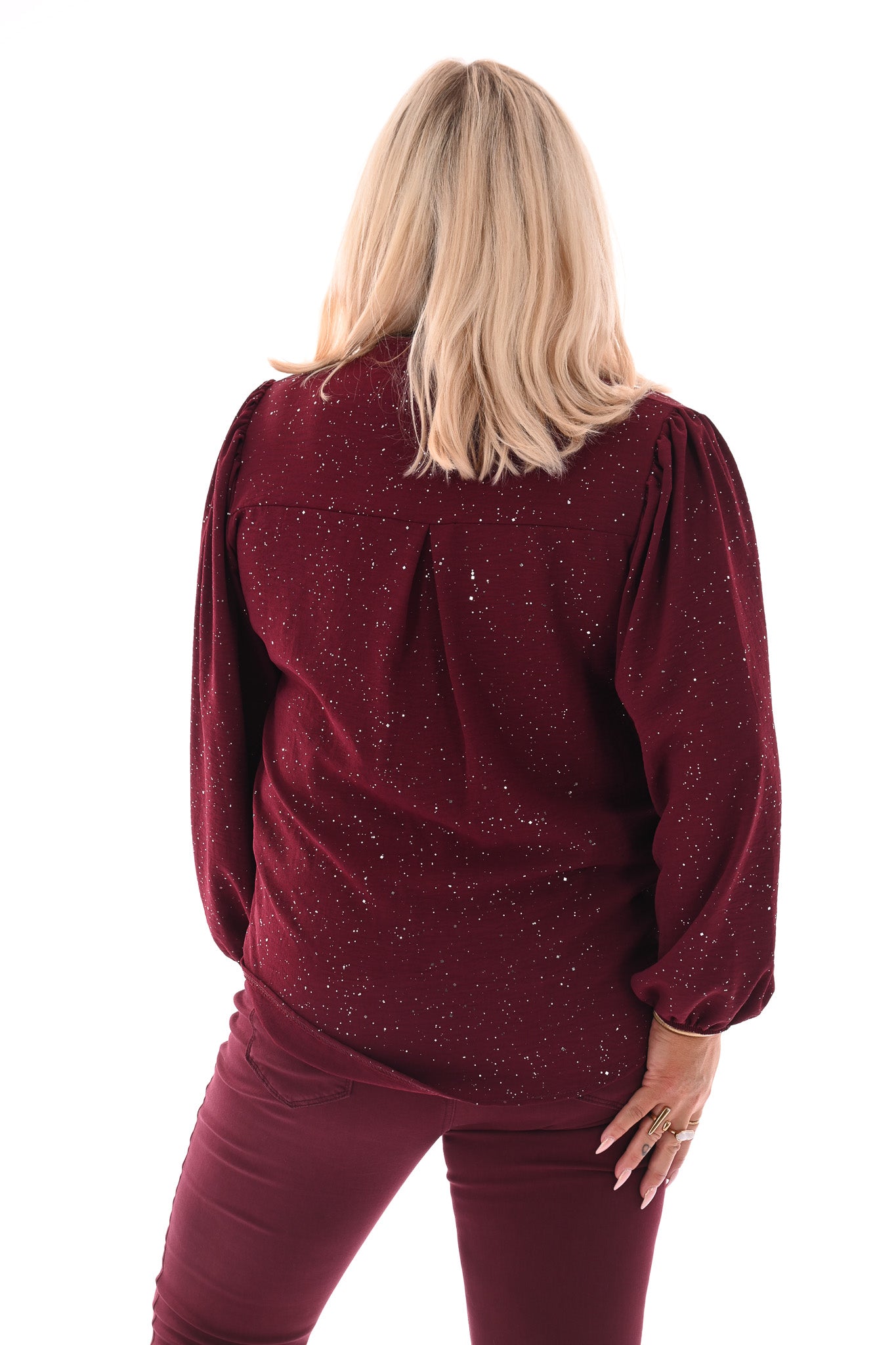 Top lange mouwen v-hals glitter bordeaux