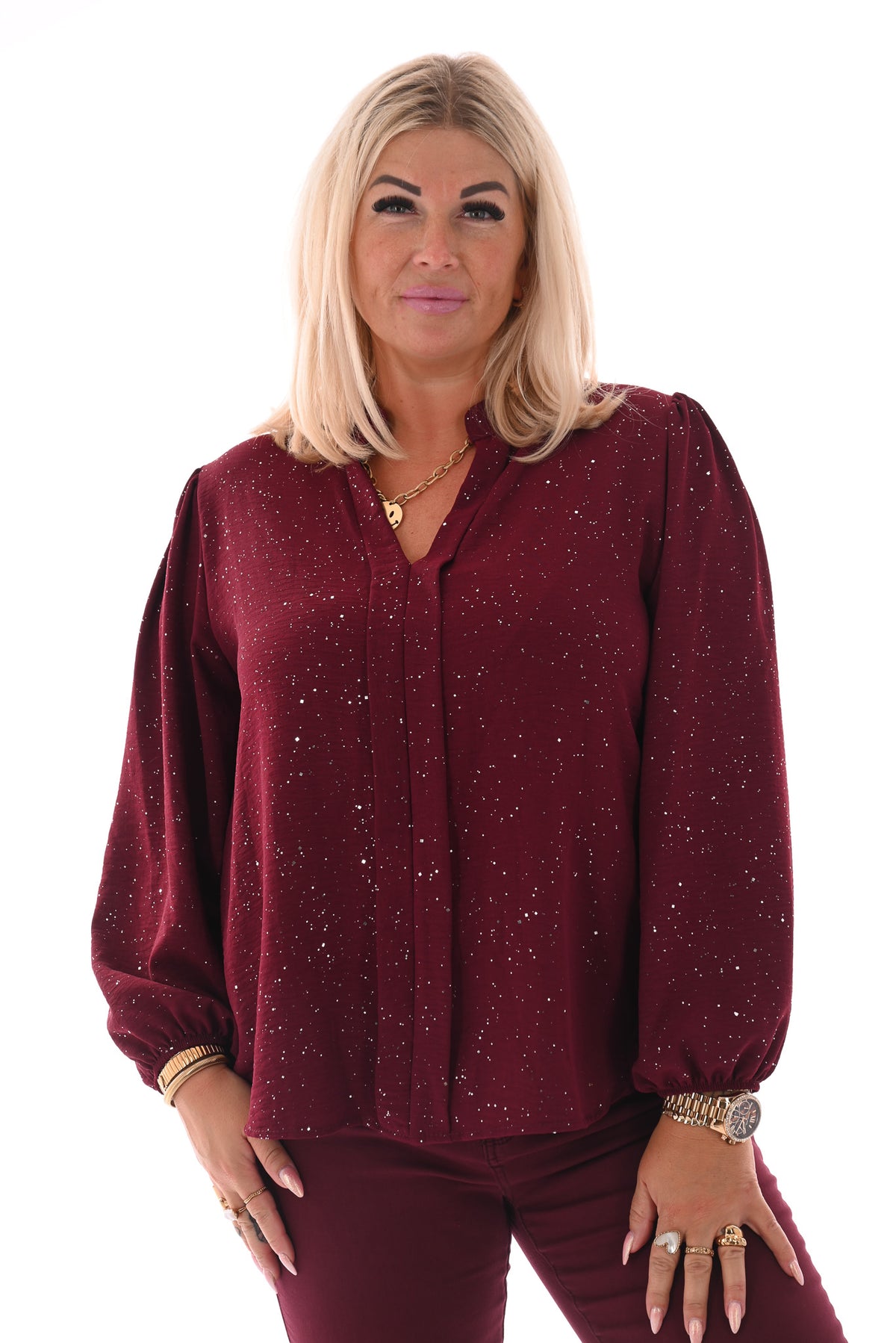 Top lange mouwen v-hals glitter bordeaux