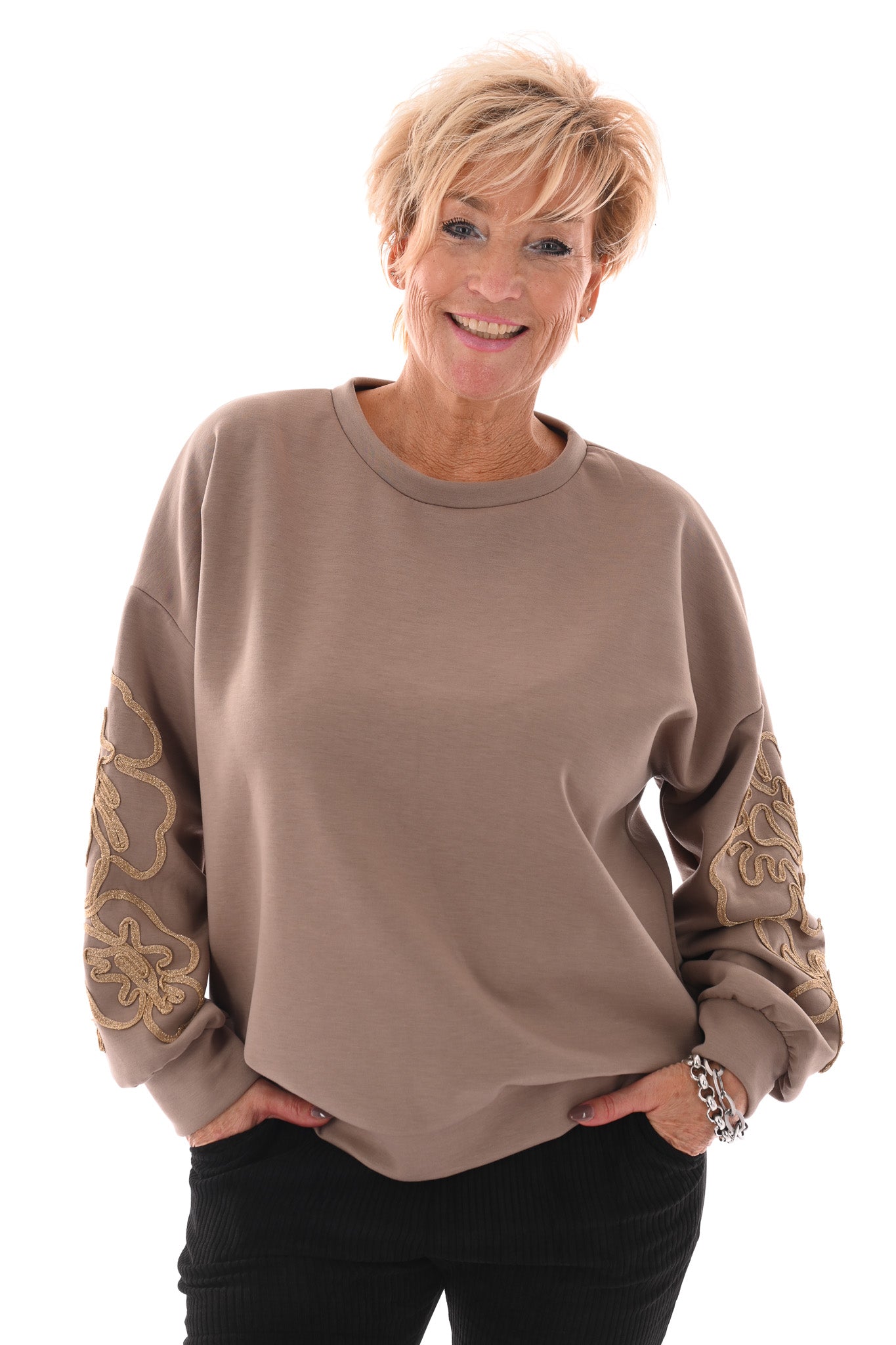 Trui met goude borduursel taupe