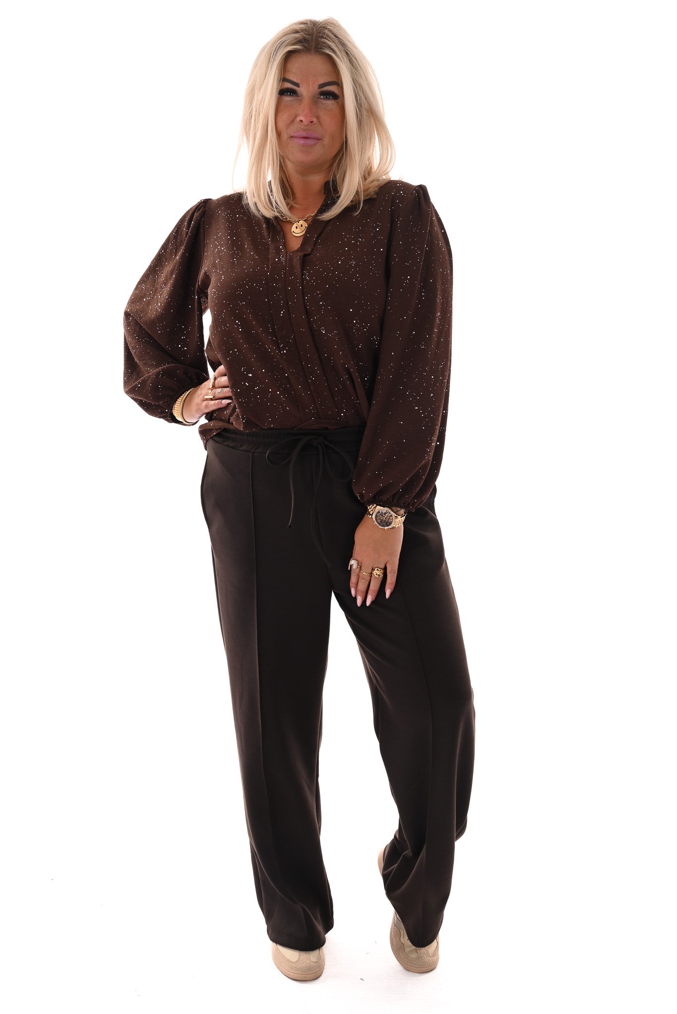 Top lange mouwen v-hals glitter bruin