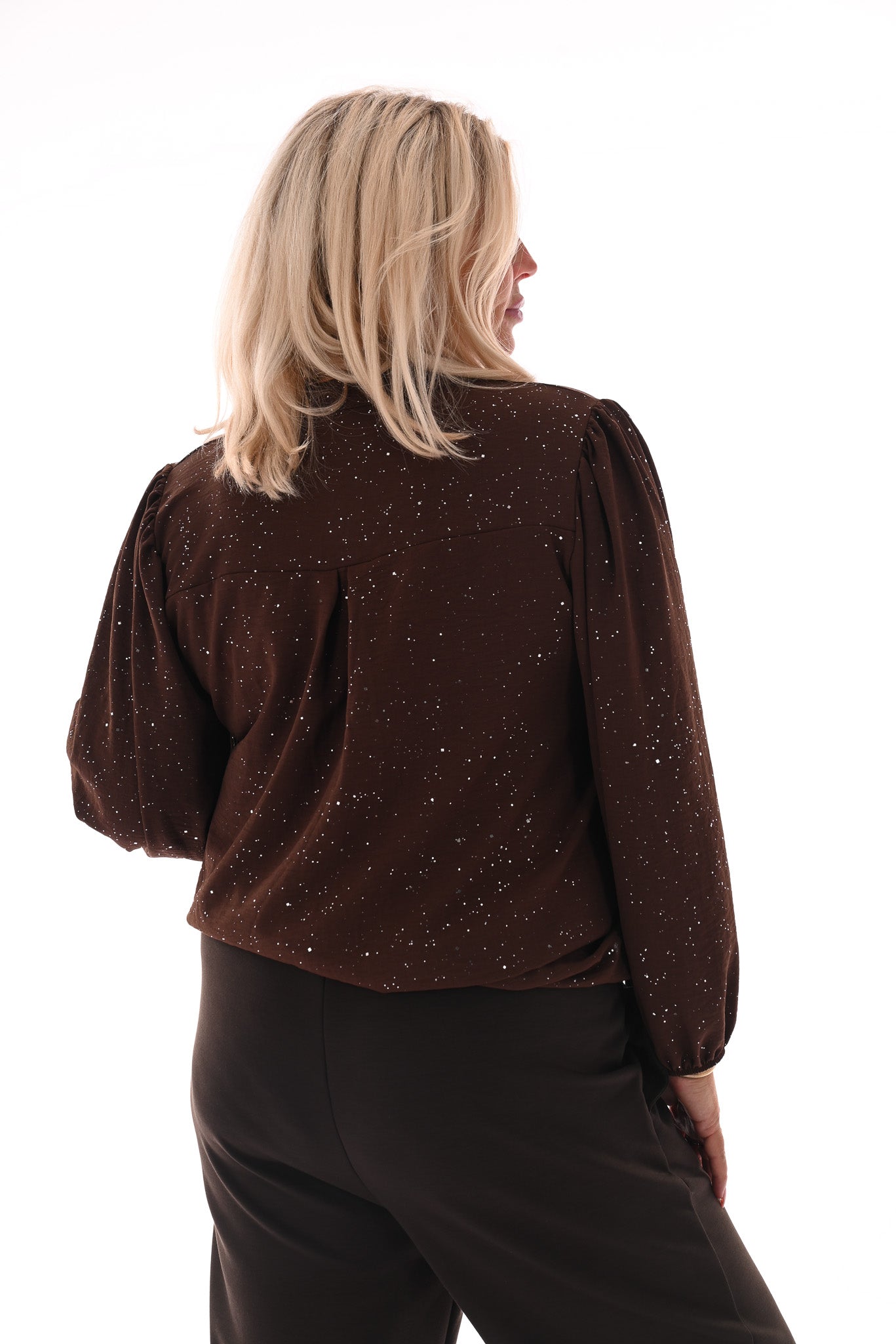 Top lange mouwen v-hals glitter bruin