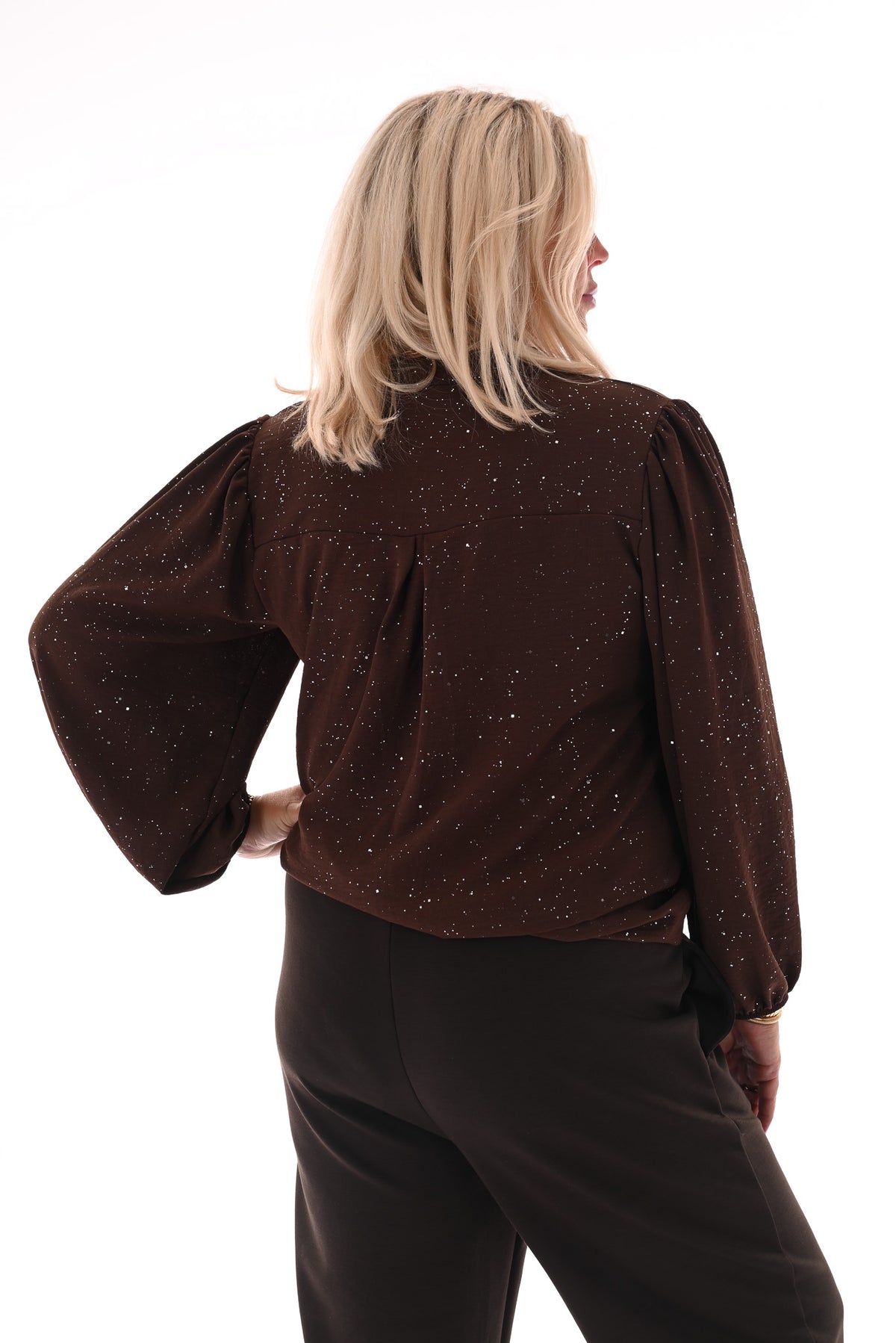 Top lange mouwen v-hals glitter bruin